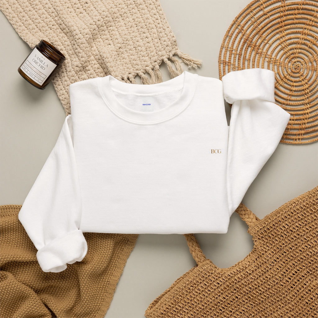 Crewneck Sweatshirt — Minimalist Tiny "PK" Embroidered White Pullover