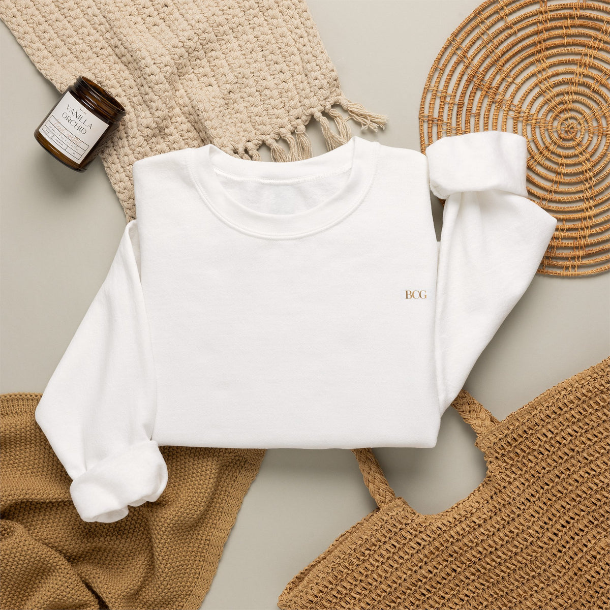 Crewneck Sweatshirt — Minimalist Tiny "PK" Embroidered White Pullover