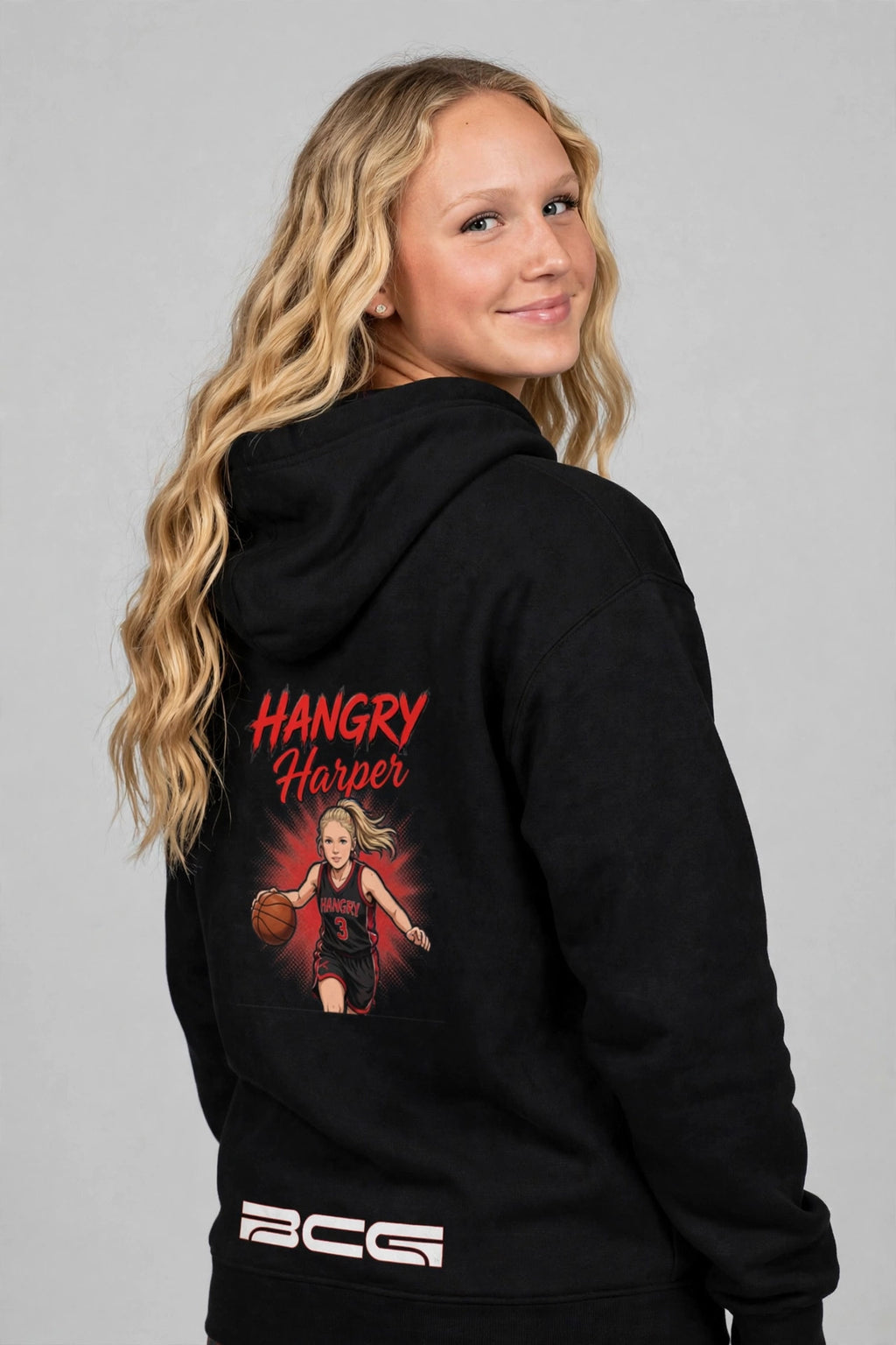 Harper wearing the Hangry Harper Shakopee Hoodie – Black, back view
