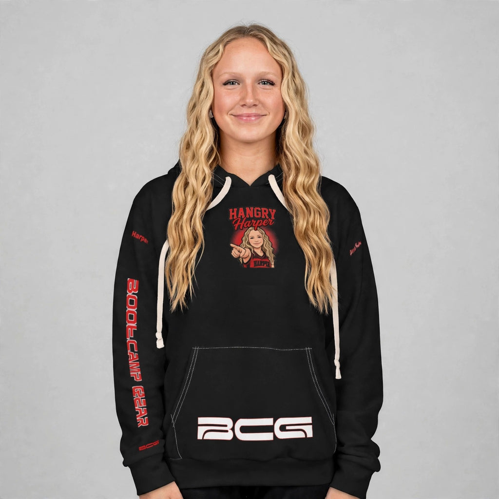 Harper wearing the Hangry Harper Shakopee hoodie — front