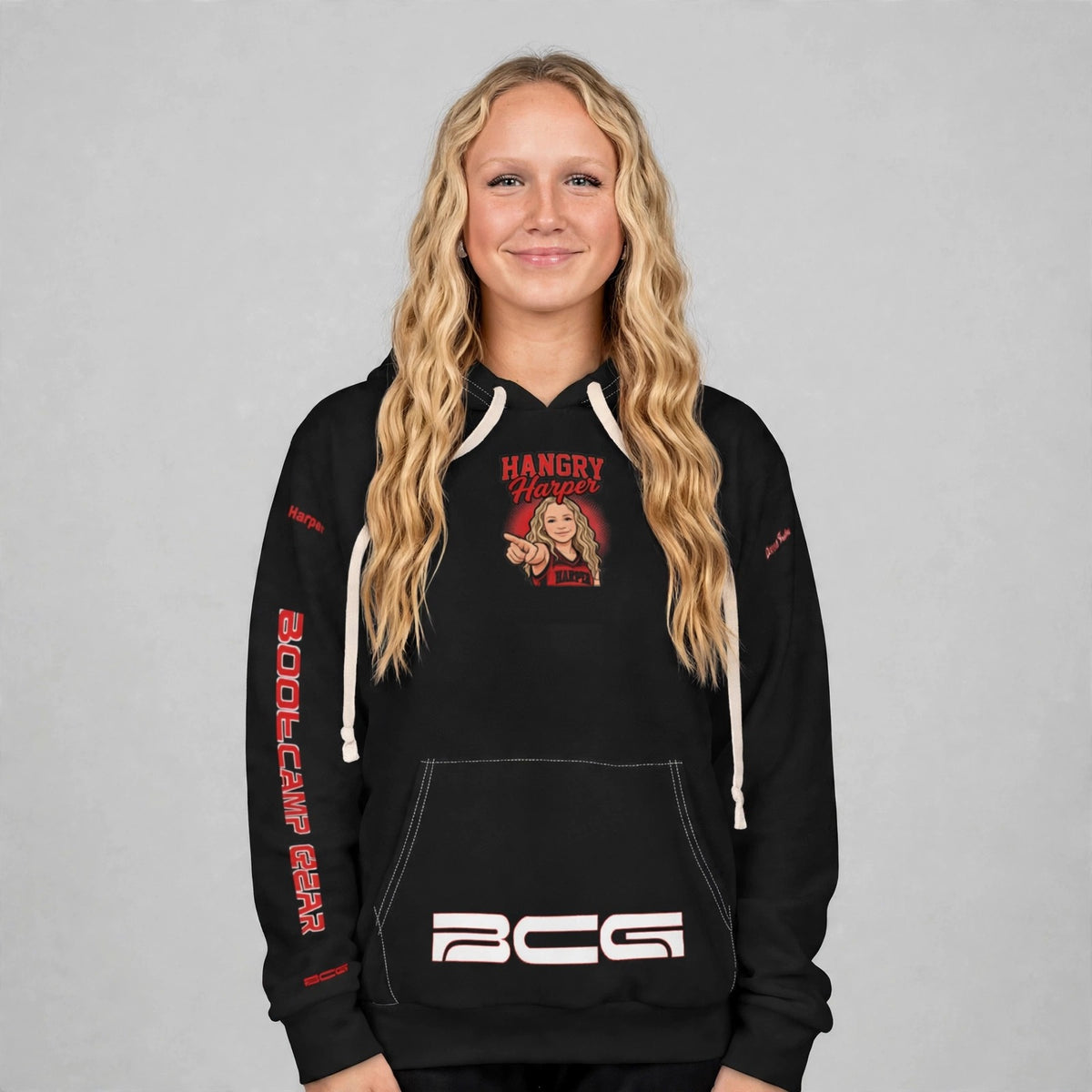 Harper wearing the Hangry Harper Shakopee hoodie — front