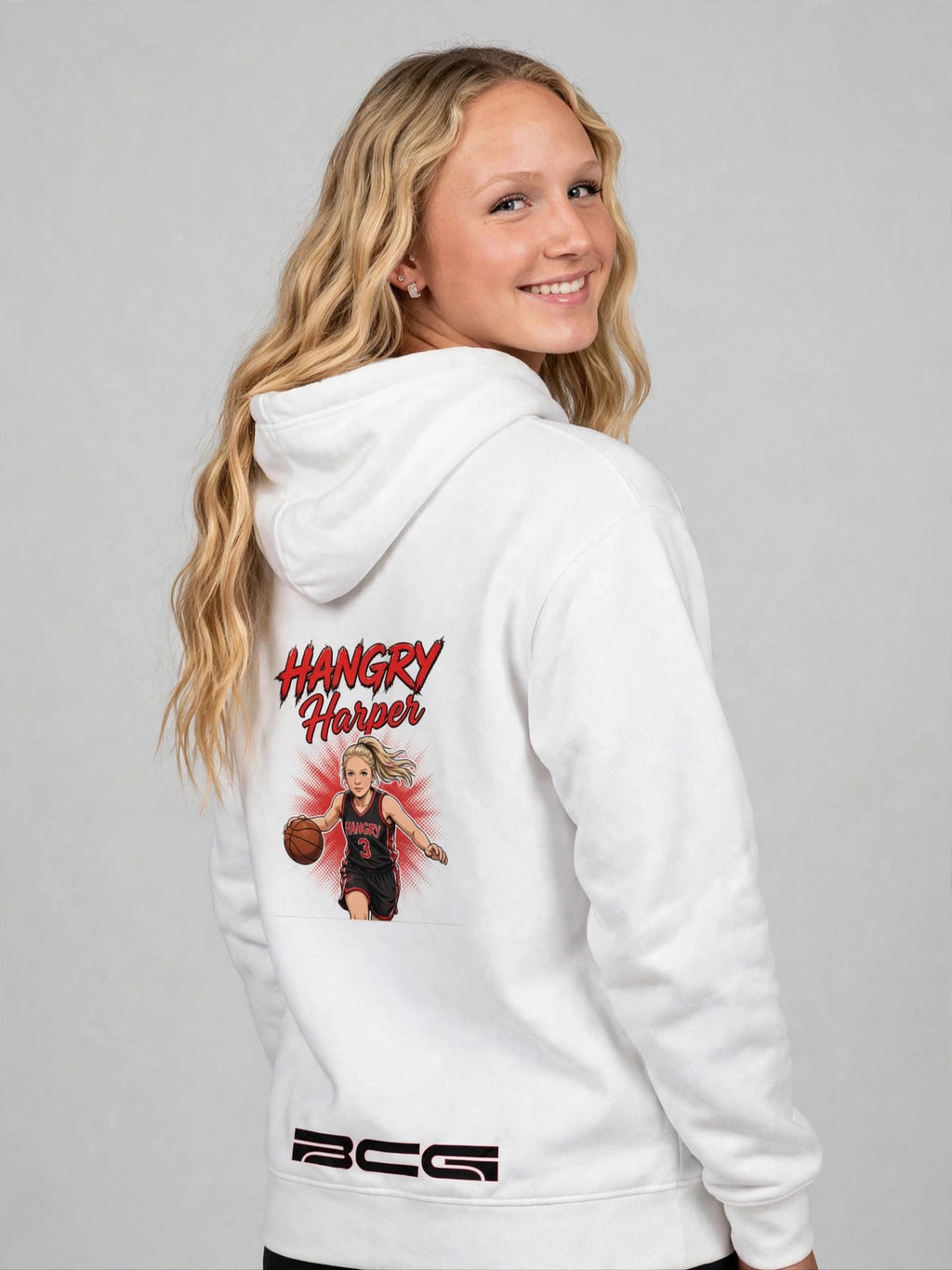 Harper wearing the Hangry Harper Shakopee Hoodie – White, back view