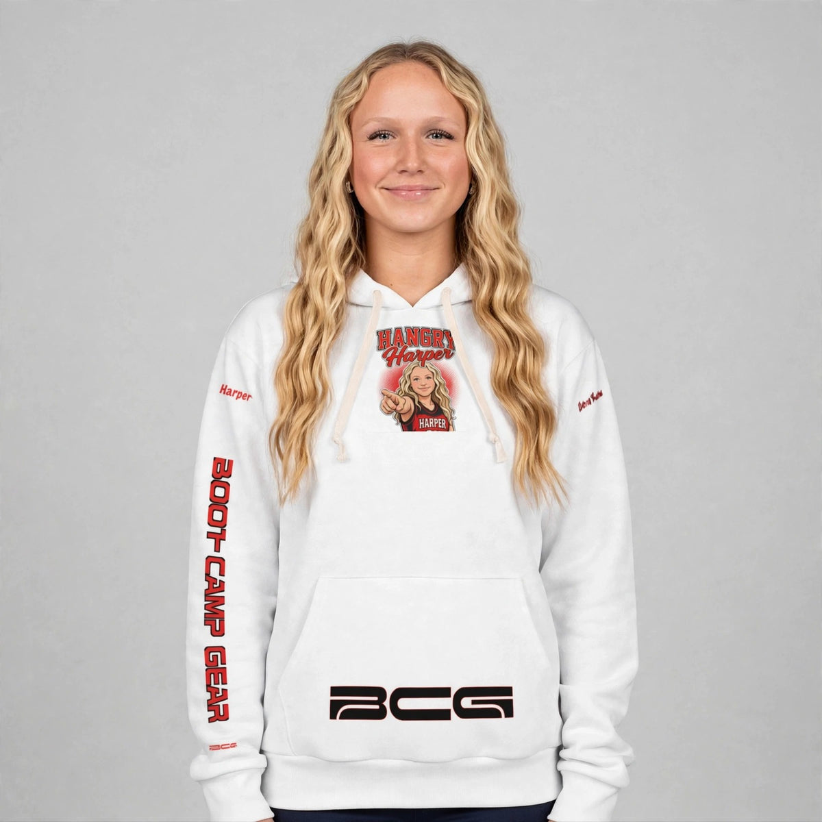 Harper wearing the Hangry Harper Shakopee hoodie — front