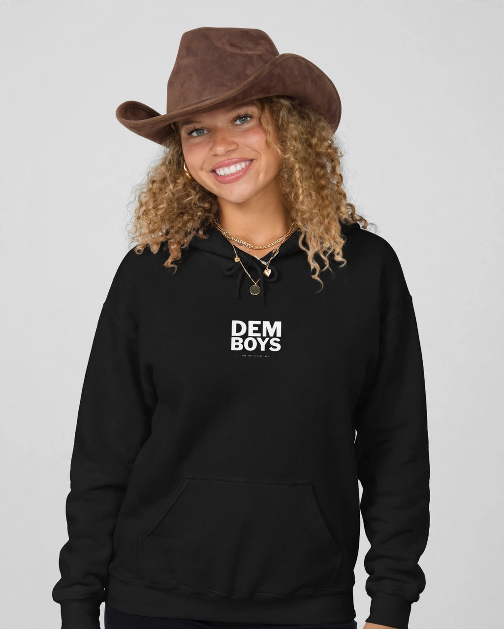 Amara wearing the DEM BOYS Hoodie – Franklin (Black), front view