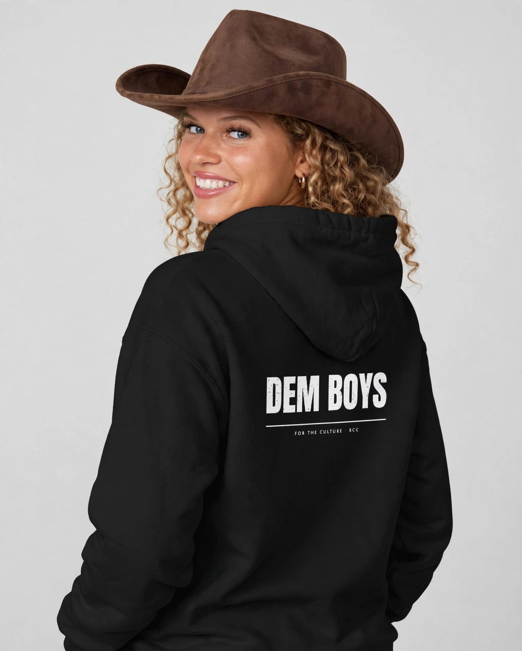 Amara wearing the DEM BOYS Hoodie – Grunge (Black), back view