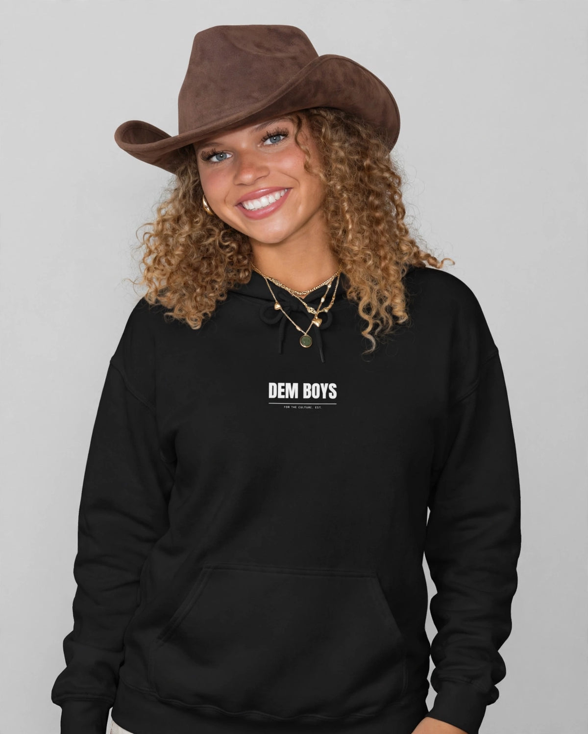 Amara wearing the DEM BOYS Hoodie – Grunge (Black), front view
