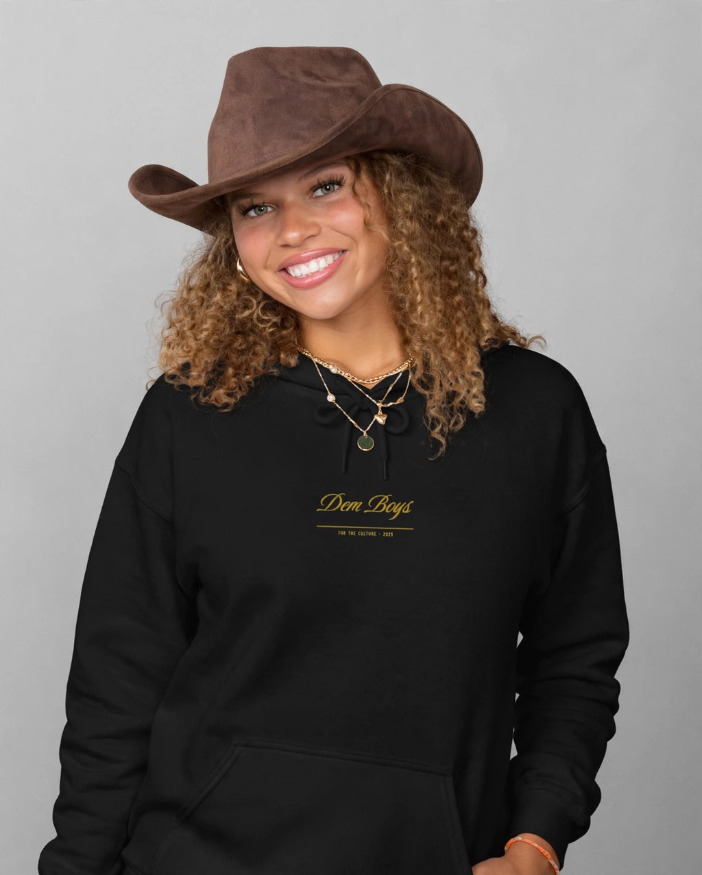 Amara wearing the DEM BOYS Hoodie – Luxurious (Black), front view