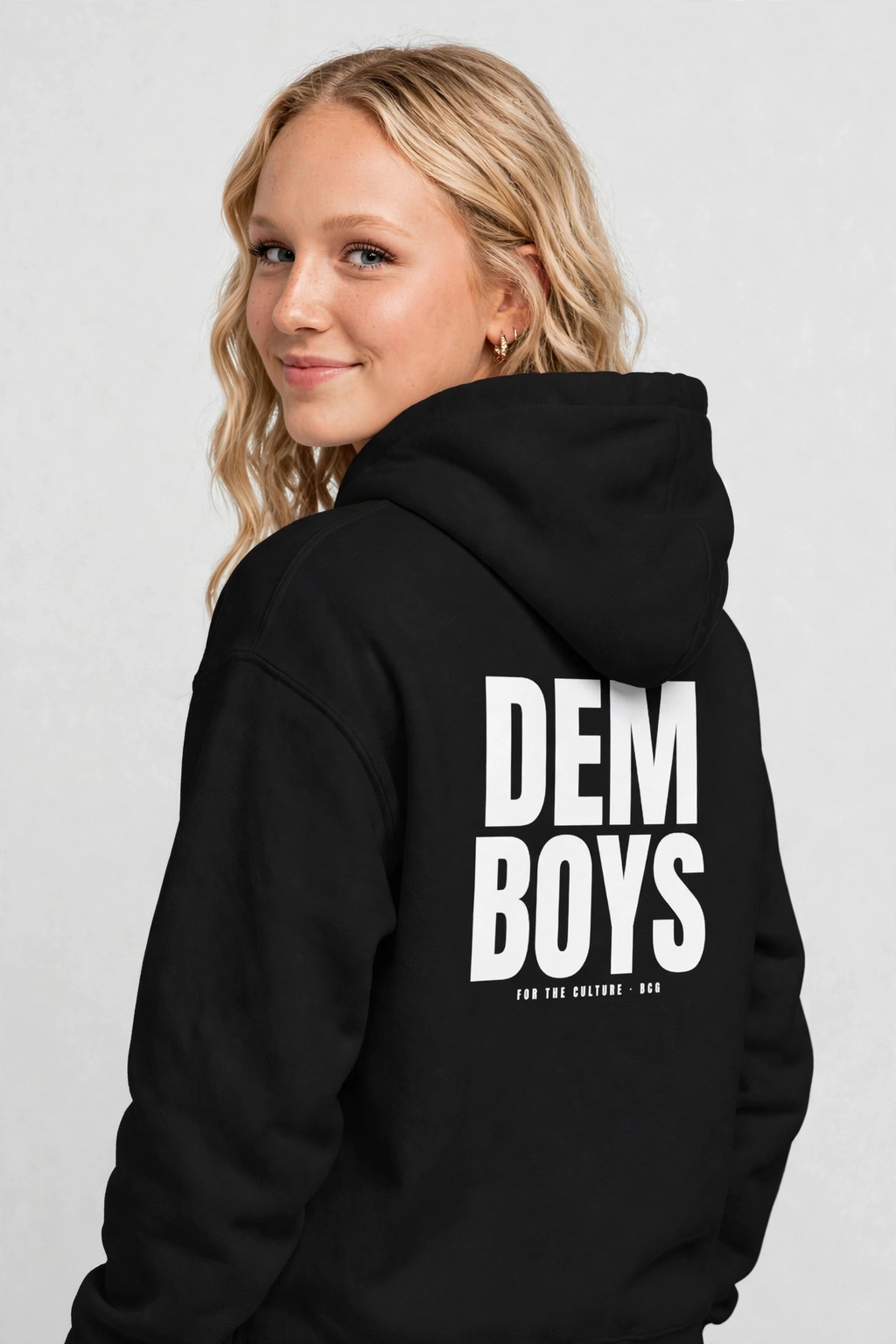 Harper wearing the DEM BOYS Hoodie – BCG Left Chest (Black), back view