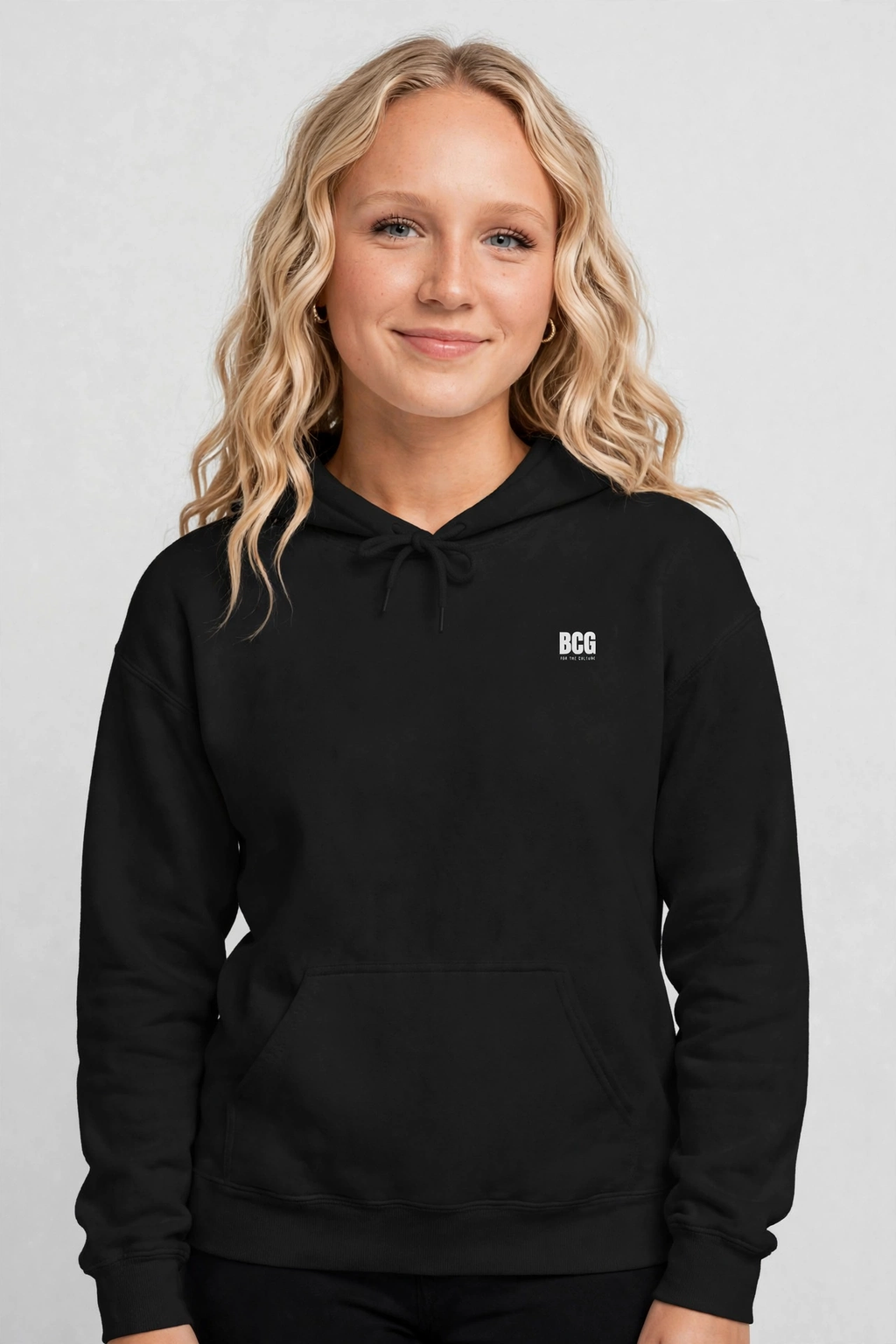Harper wearing the DEM BOYS Hoodie – BCG Left Chest (Black), front view