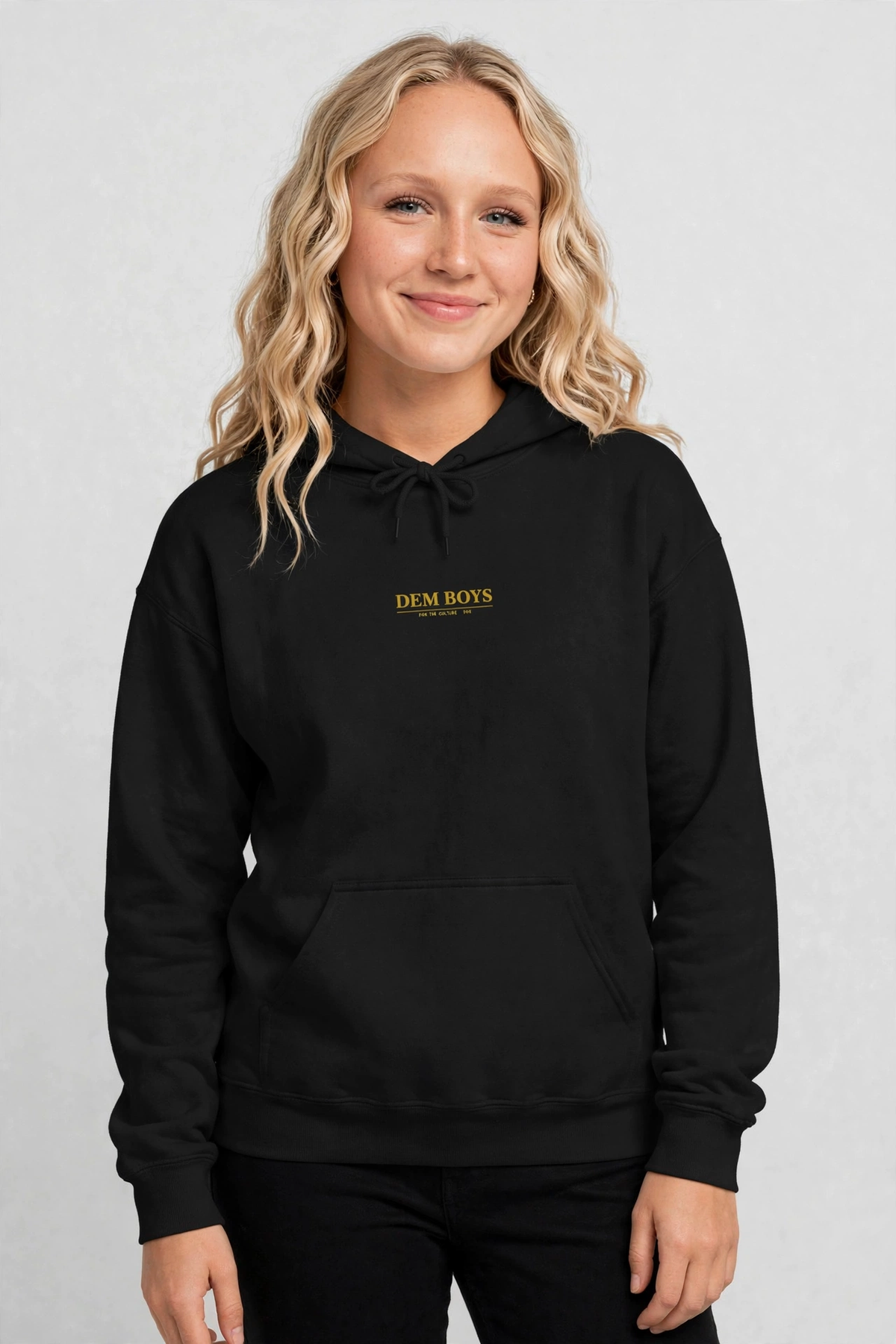 Harper wearing the DEM BOYS Hoodie – Caslon (Black), front view
