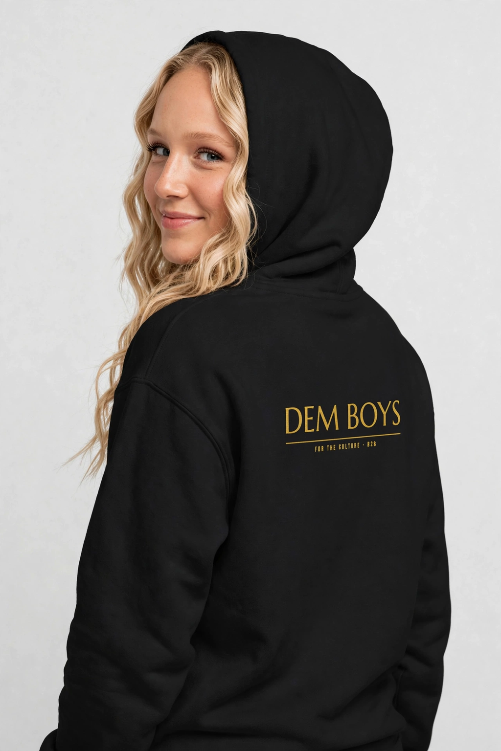 Harper wearing the DEM BOYS Hoodie – Marcellus (Black), back view
