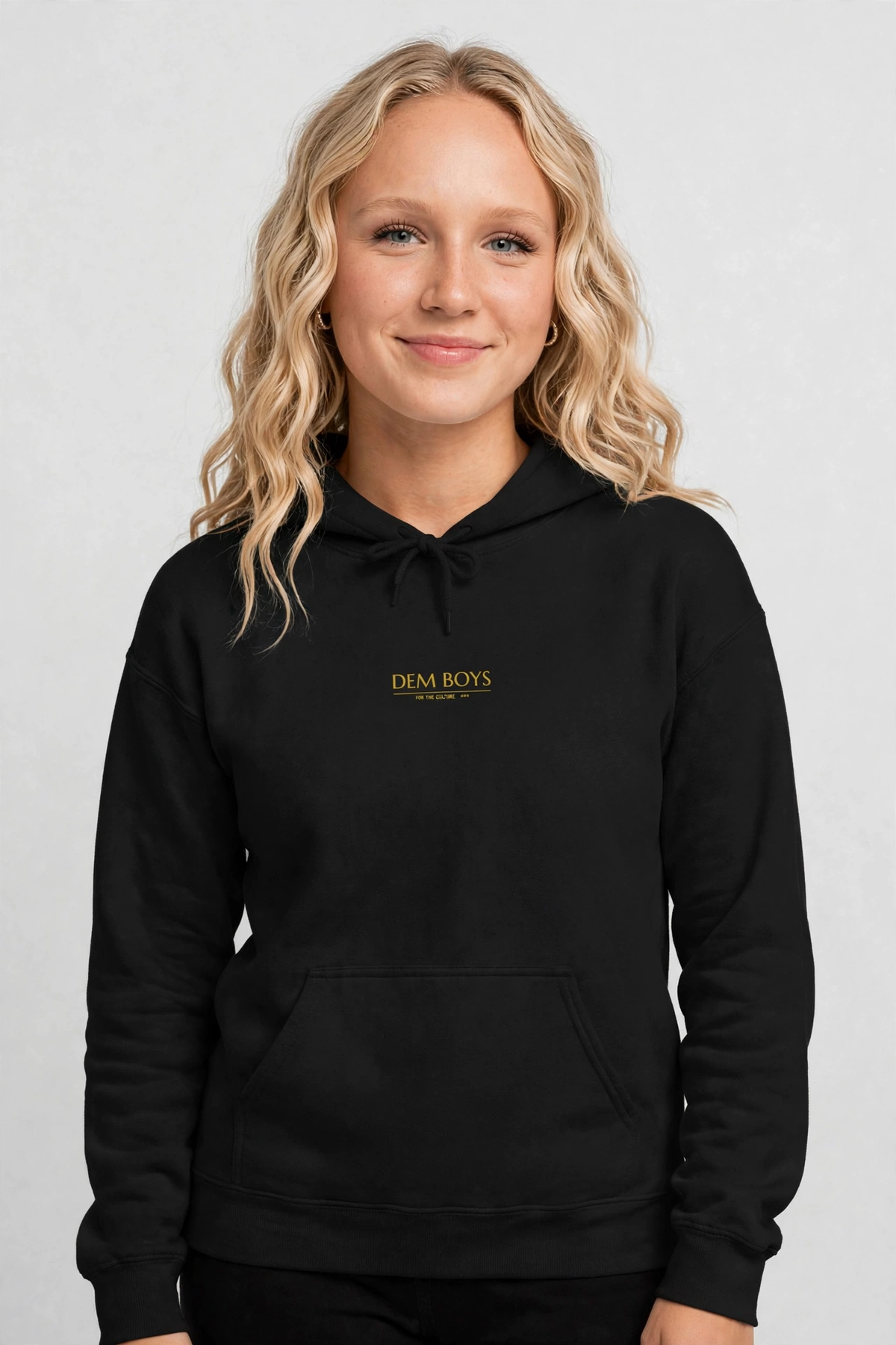 Harper wearing the DEM BOYS Hoodie – Marcellus (Black), front view
