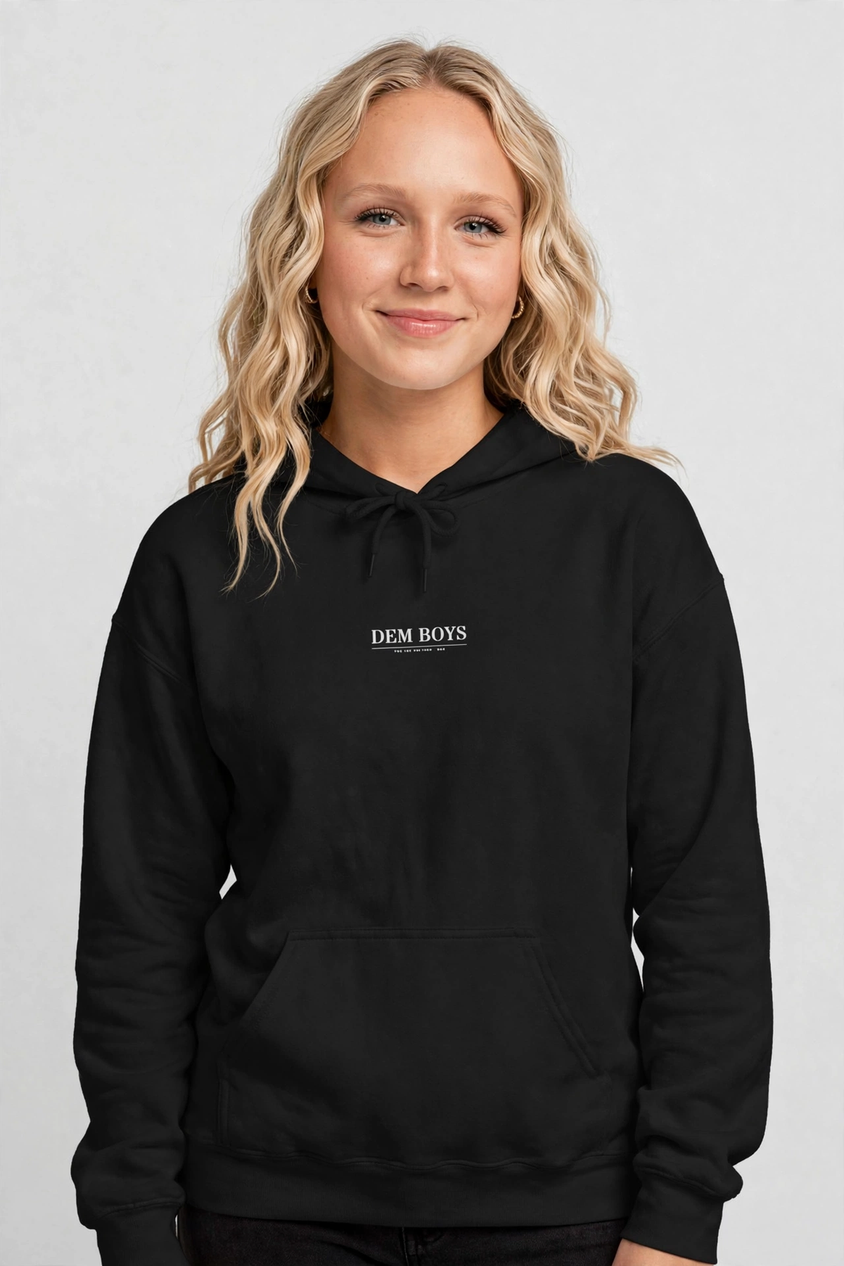 Harper wearing the DEM BOYS Hoodie – Stencil (Black), front view