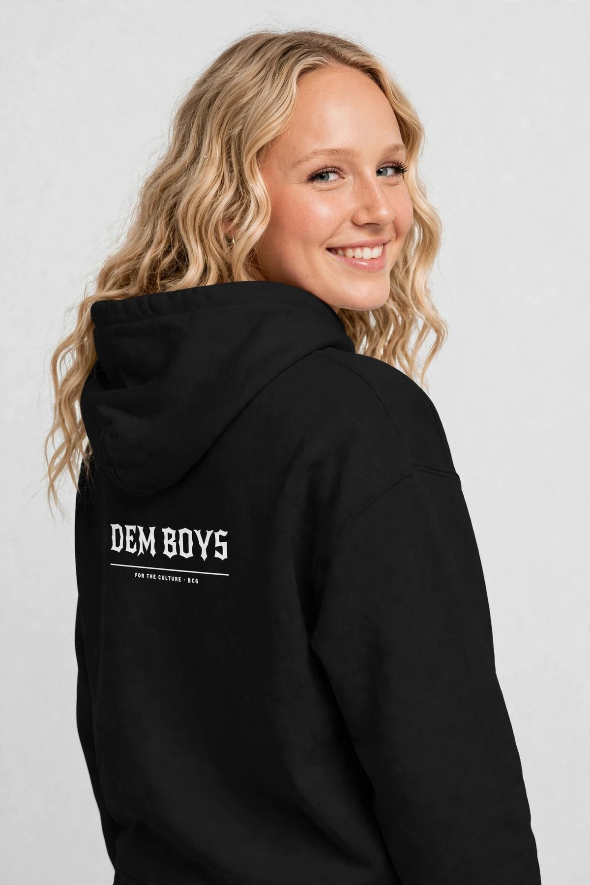 Harper wearing the DEM BOYS Hoodie – New Rocker (Black), back view