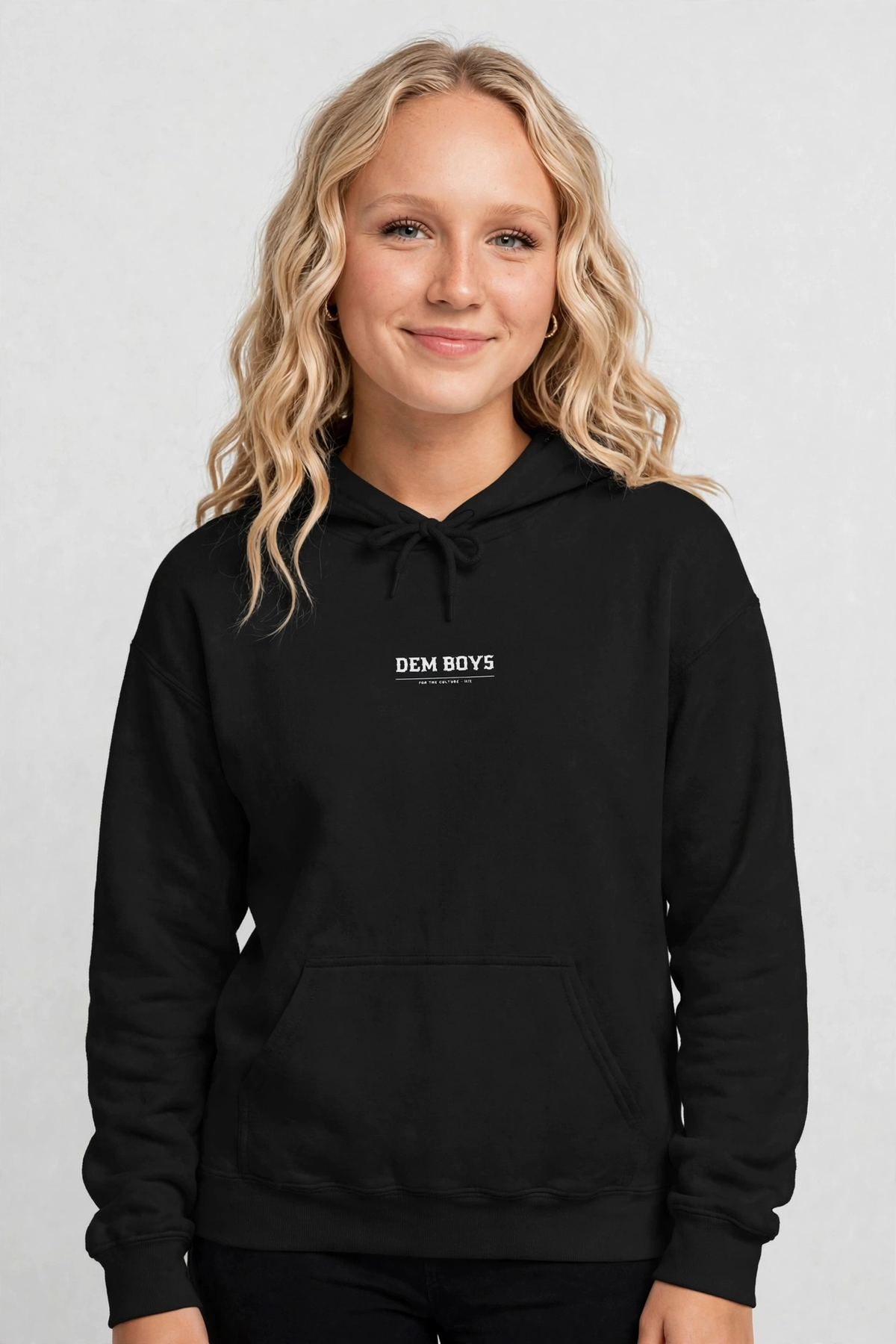 Harper wearing the DEM BOYS Hoodie – New Rocker (Black), front view