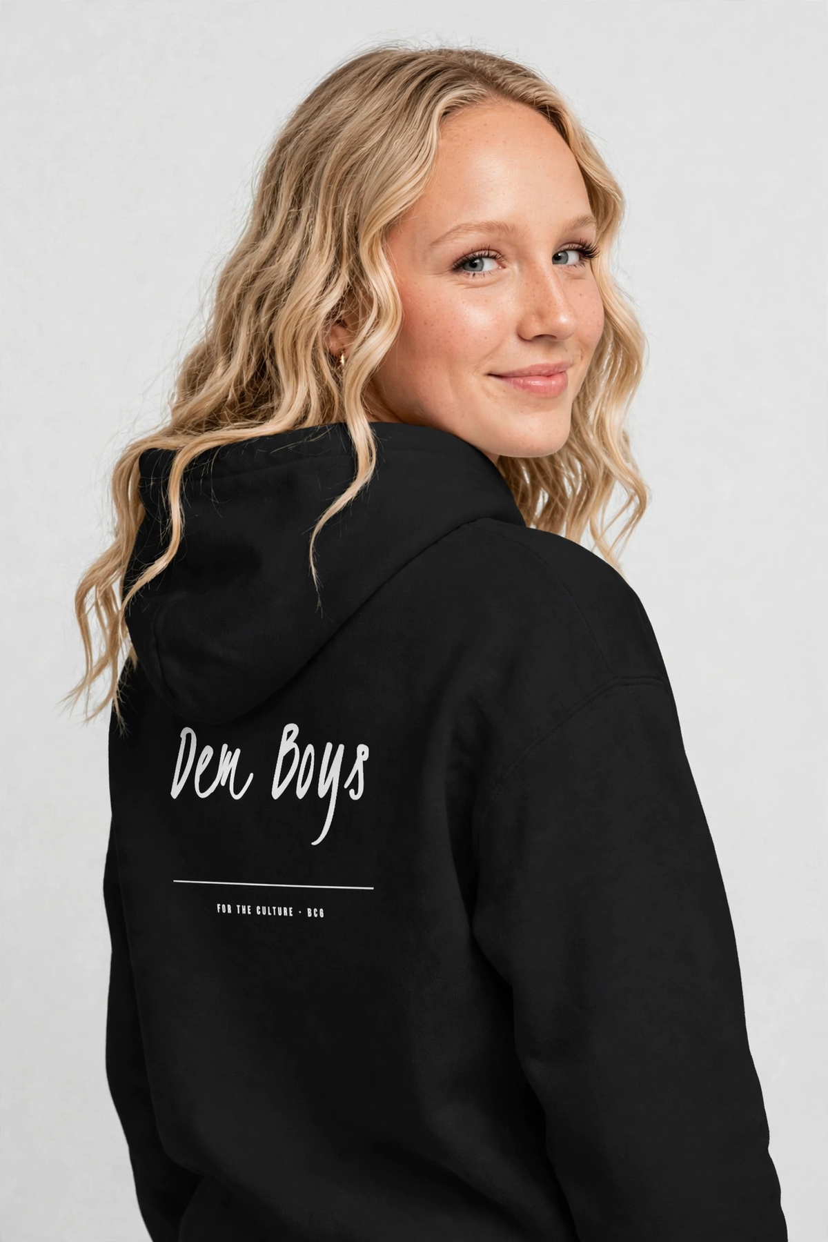 Harper wearing the DEM BOYS Hoodie – Kristi (Black), back view