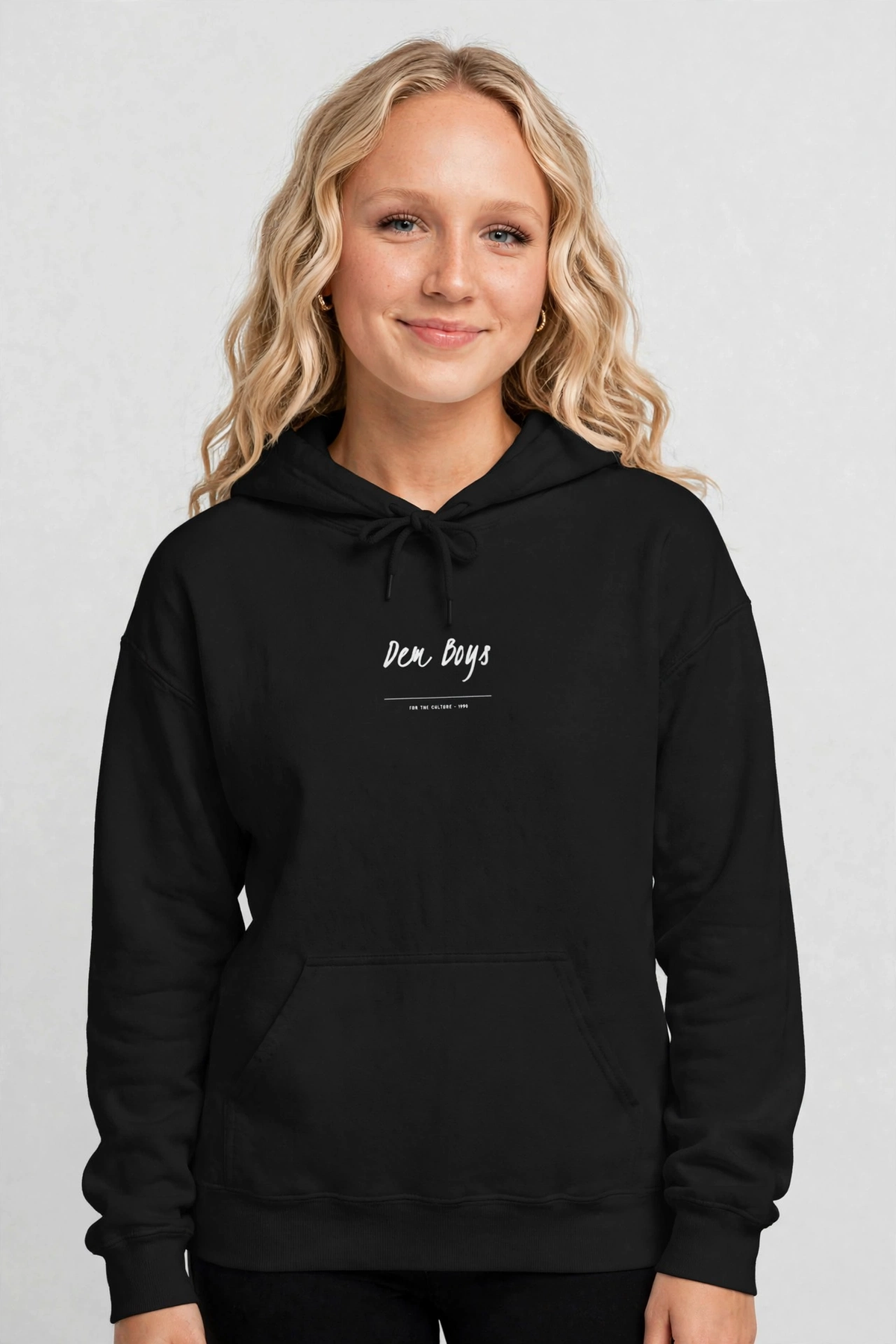 Harper wearing the DEM BOYS Hoodie – Kristi (Black), front view
