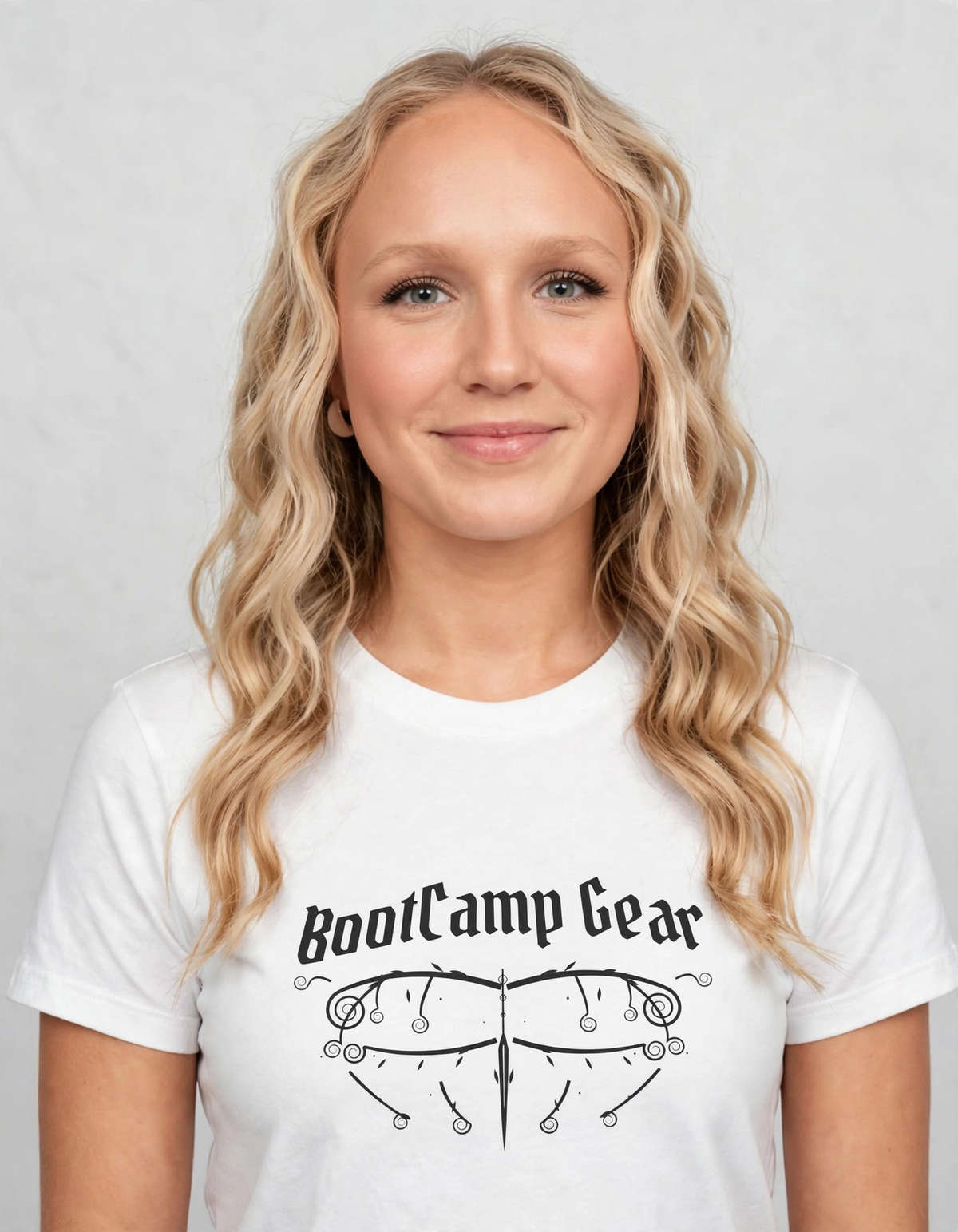Harper wearing the BootCamp Gear Gothic Crest Tee - White (Black Crest)