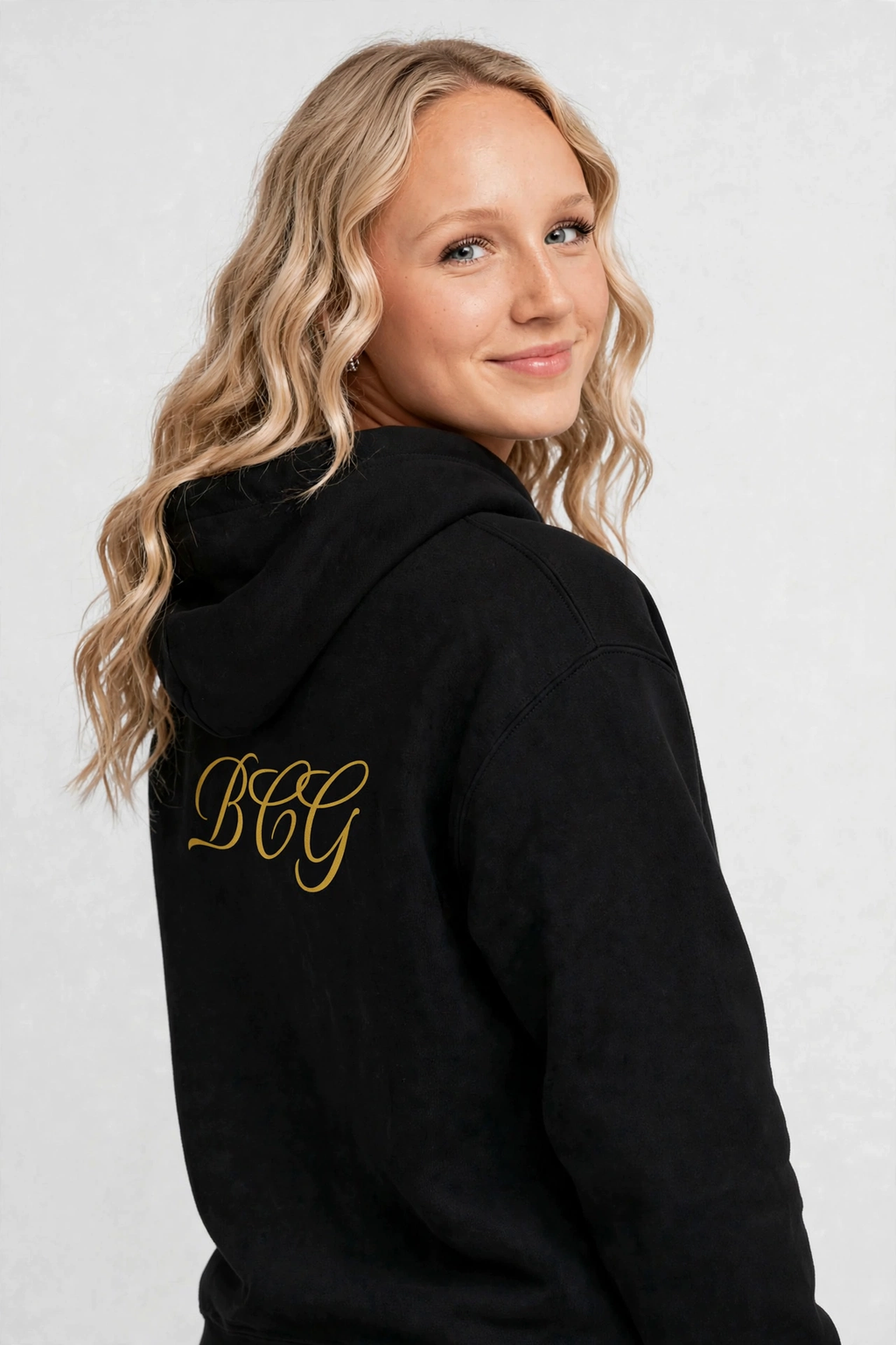 Harper wearing the BCG Nightclub Hairline Signature Hoodie - Black, back view