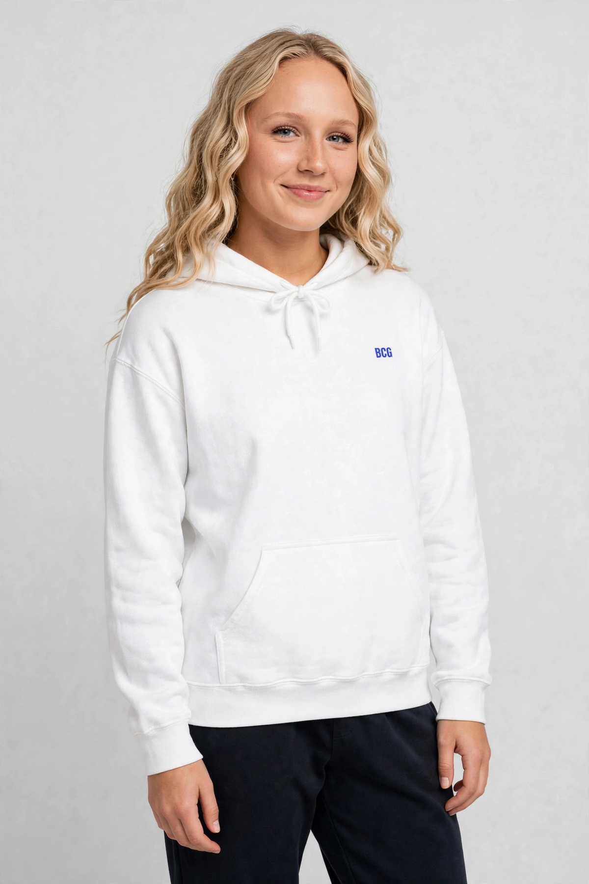 Harper wearing the Keep Your Mind Right Hoodie – Varsity (White), front view
