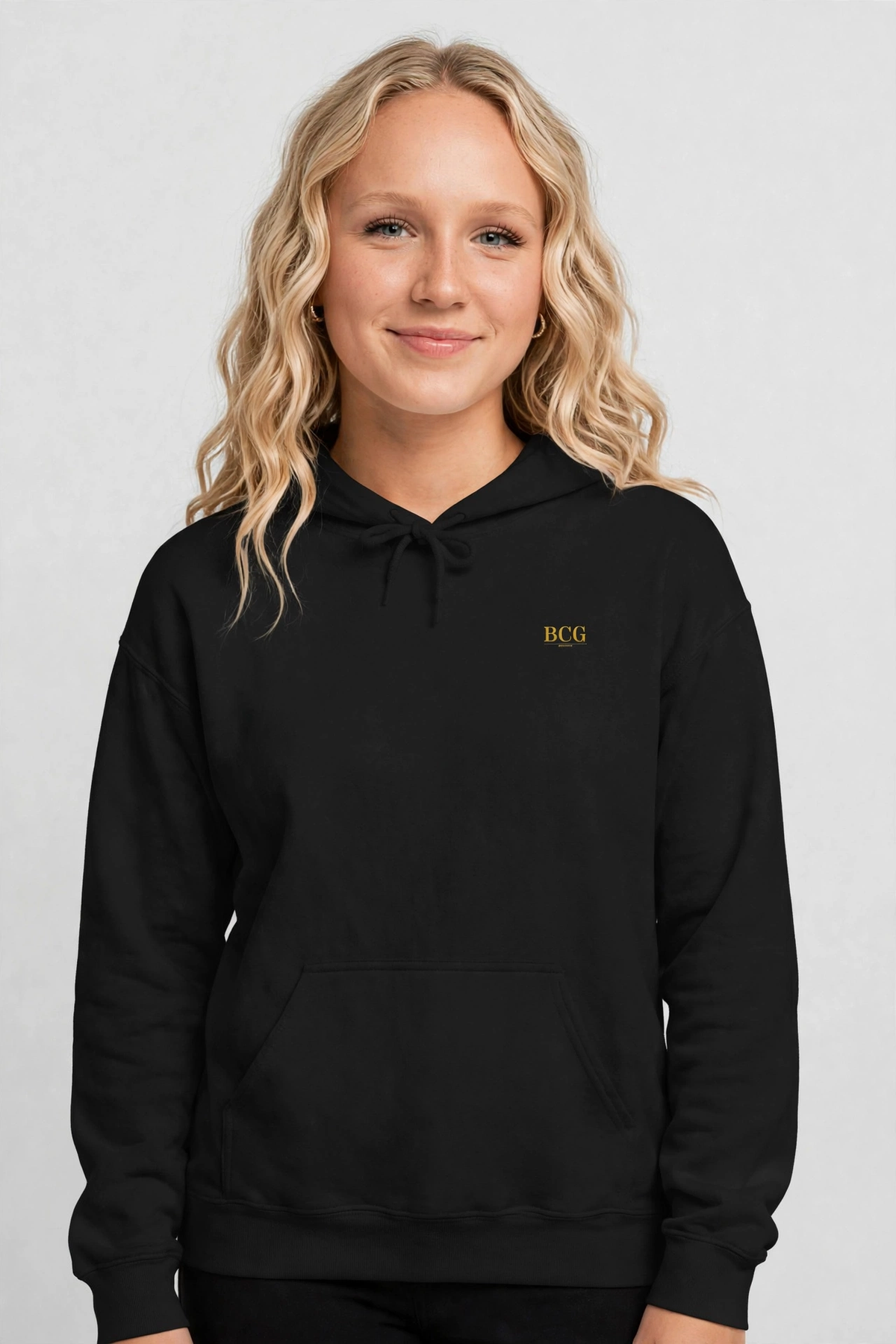 Harper wearing the Family First Hoodie – Marcellus (Black), front view