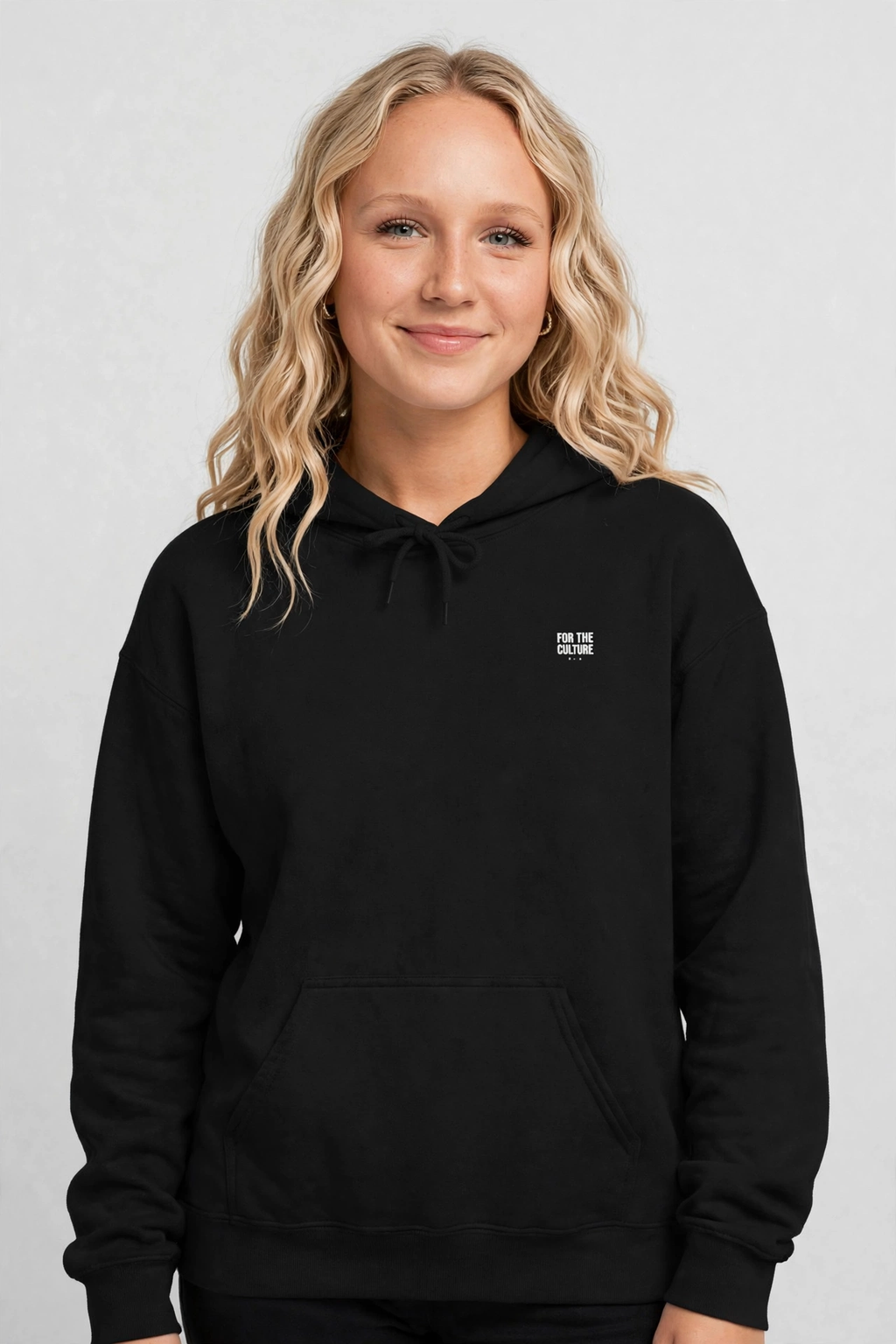 Harper wearing the Grateful Hoodie – Grunge (Black), front view