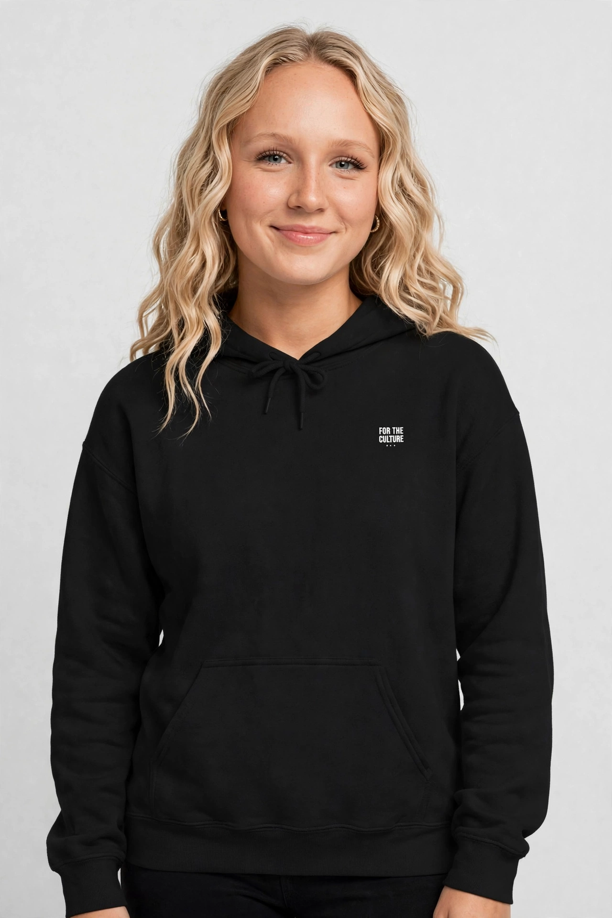 Harper wearing the The Lesson Hoodie – Kristi (Black), front view