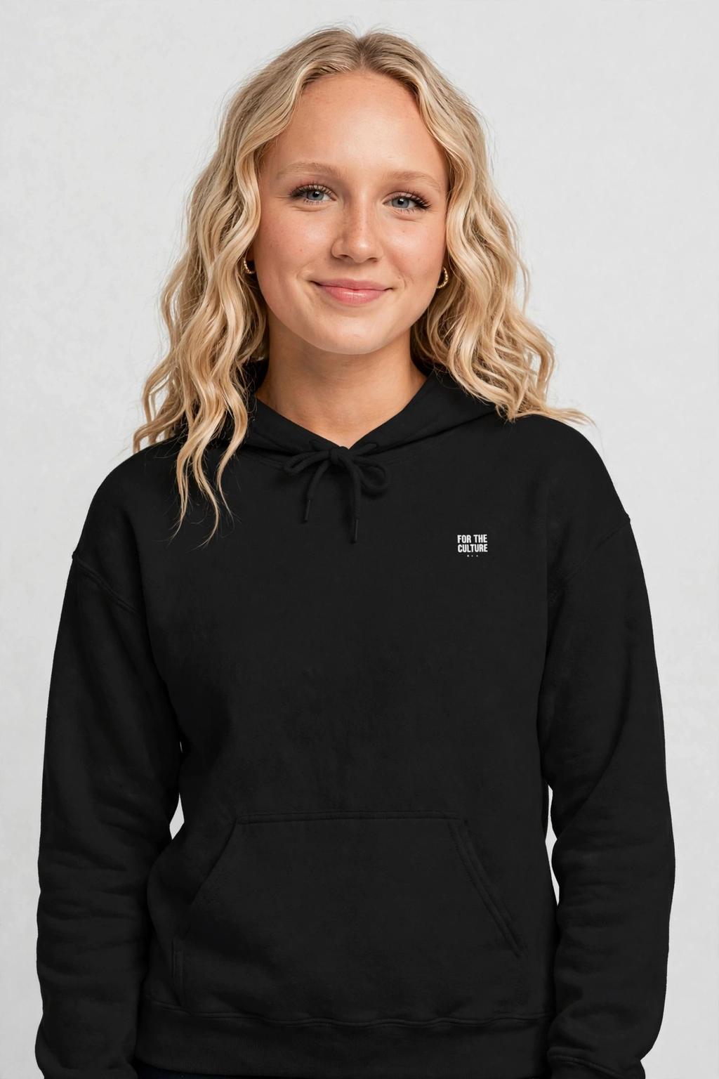 Harper wearing the Built Not Bought Hoodie – Archivo (Black), front view