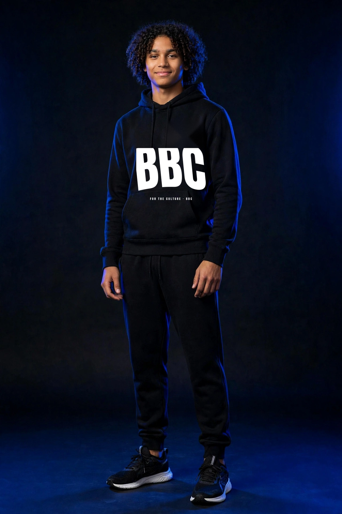 Michael wearing the BBC Stadium Arch Hoodie – Black, front view