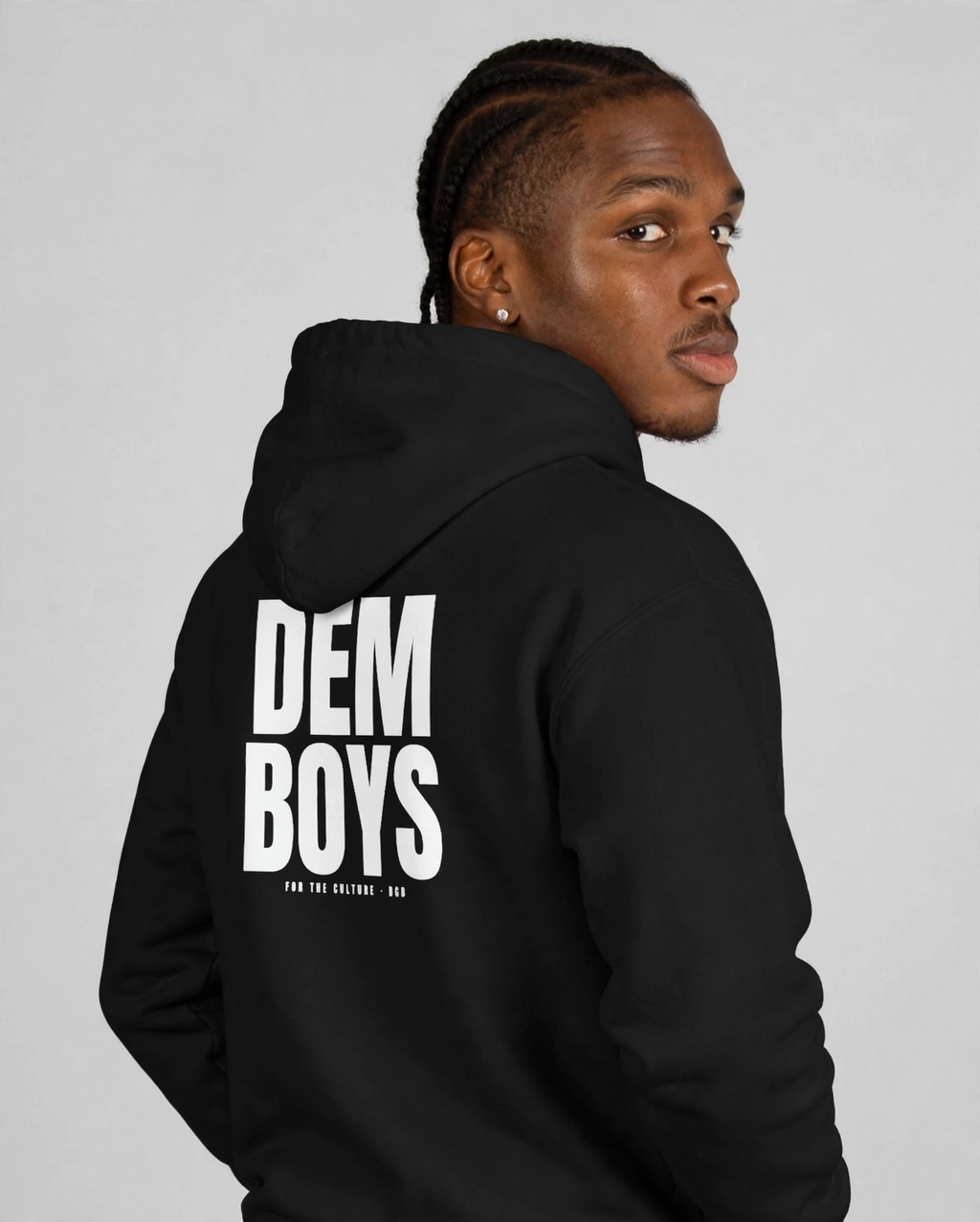 Patrick wearing the DEM BOYS Hoodie – FTC Left Chest (Black), back view