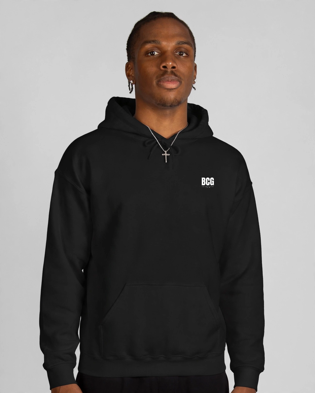 Patrick wearing the DEM BOYS Hoodie – BCG Left Chest (Black), front view