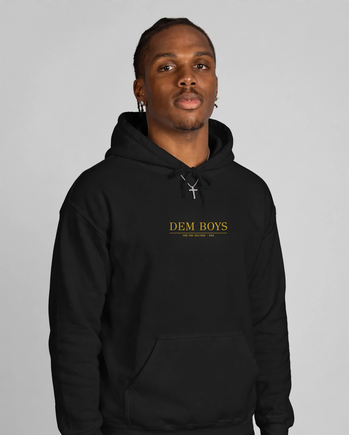 Patrick wearing the DEM BOYS Hoodie – Didot (Black), front view
