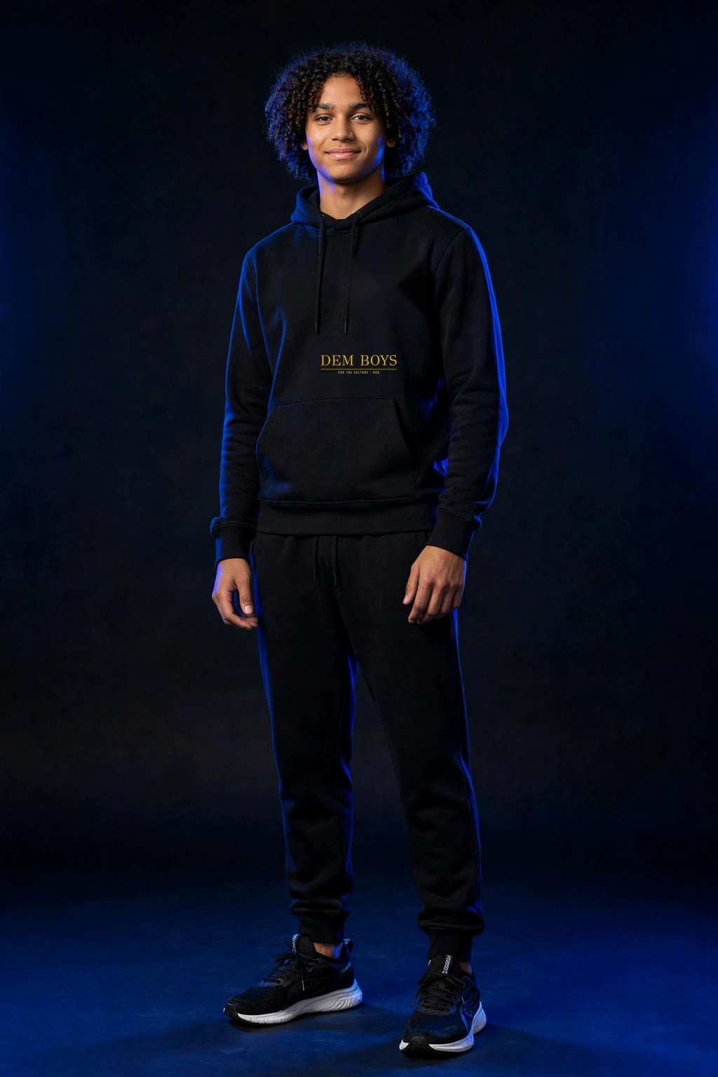 Michael wearing the DEM BOYS Hoodie – Didot (Black), front view