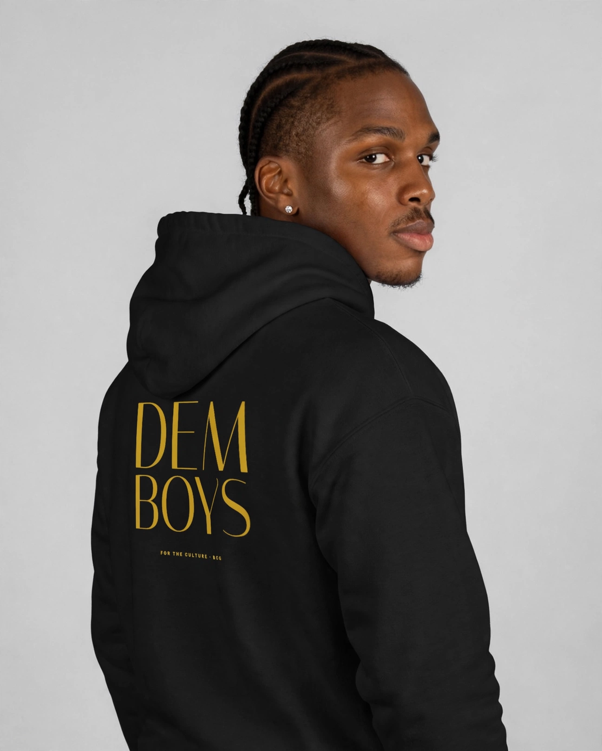 Patrick wearing the DEM BOYS Hoodie – Italiana (Black), back view