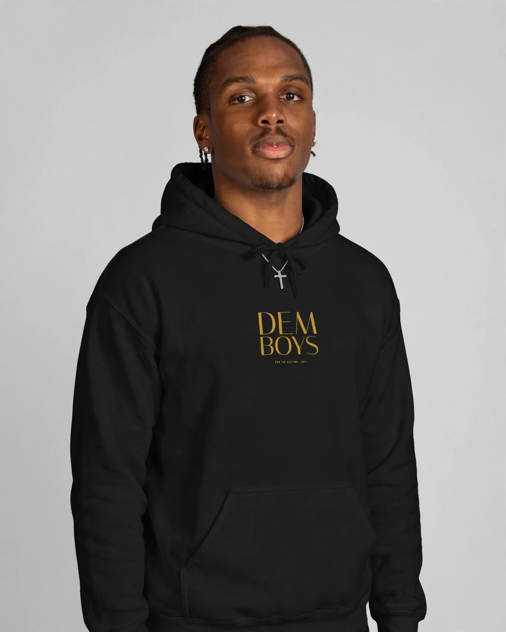 Patrick wearing the DEM BOYS Hoodie – Italiana (Black), front view