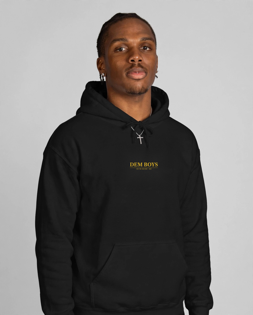 Patrick wearing the DEM BOYS Hoodie – Caslon (Black), front view