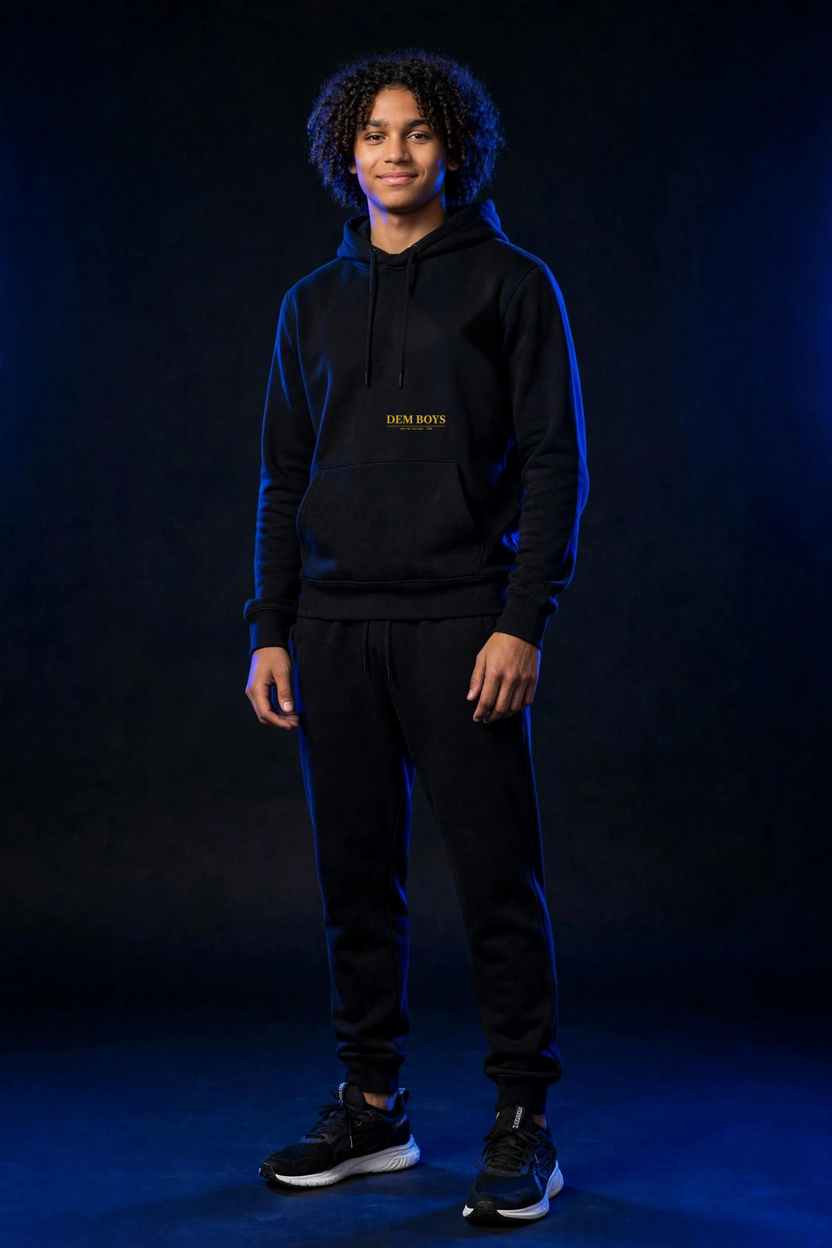 Michael wearing the DEM BOYS Hoodie – Caslon (Black), front view