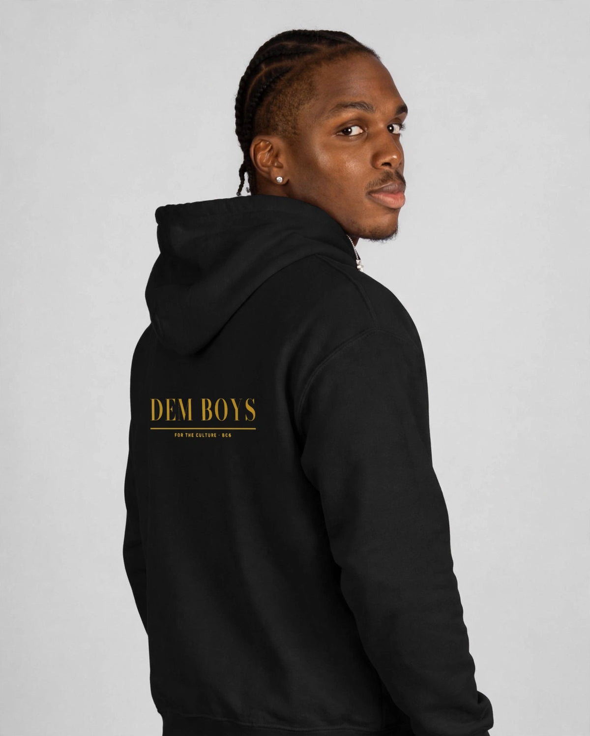 Patrick wearing the DEM BOYS Hoodie – Bodoni (Black), back view