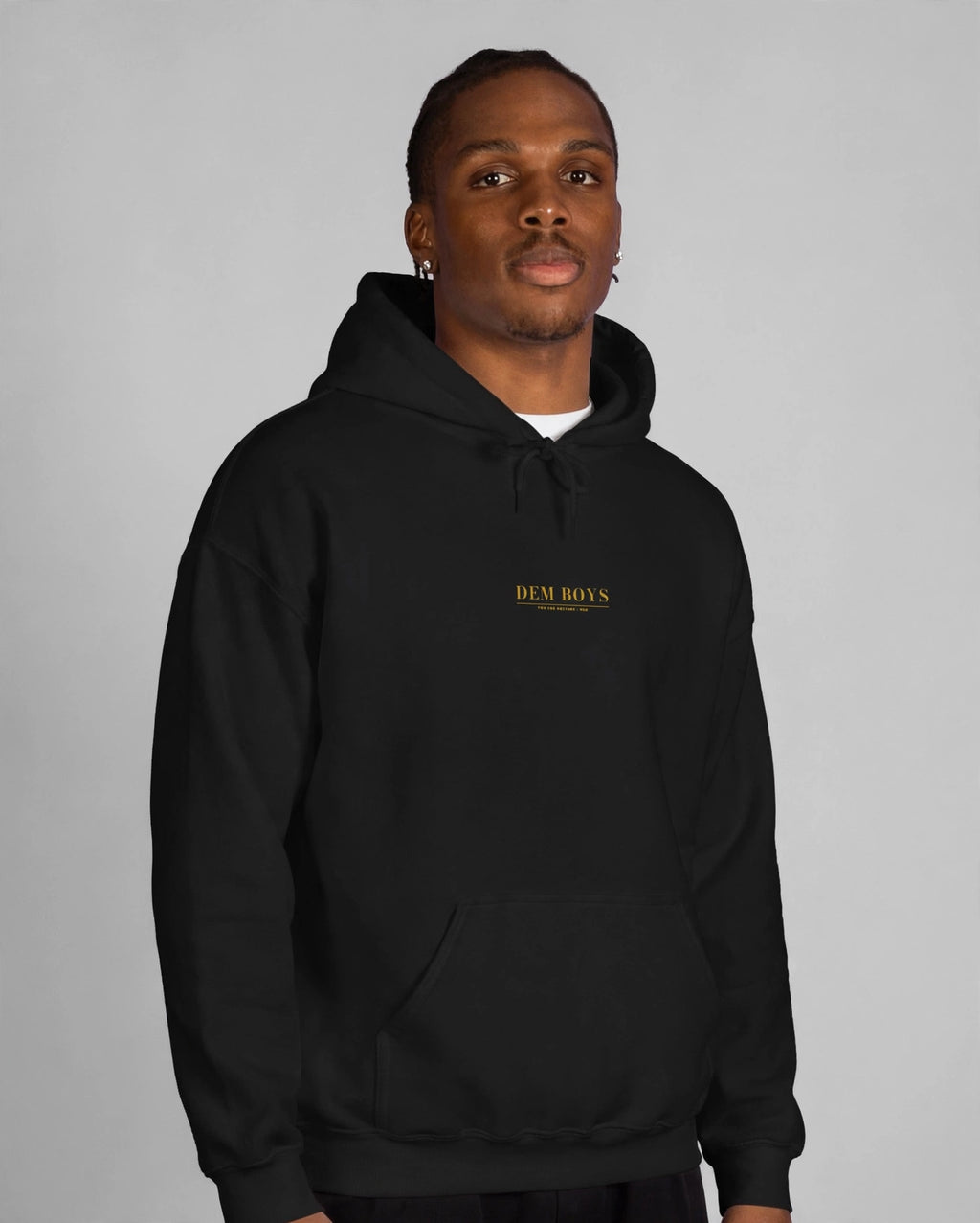 Patrick wearing the DEM BOYS Hoodie – Bodoni (Black), front view
