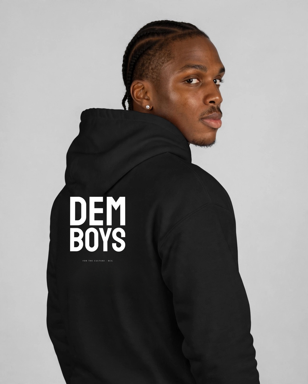 Patrick wearing the DEM BOYS Hoodie – Staatliches (Black), back view
