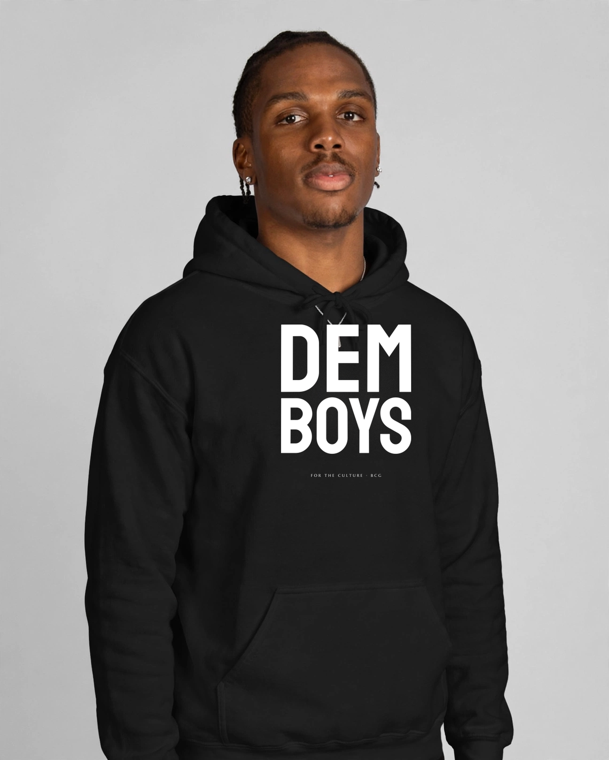 Patrick wearing the DEM BOYS Hoodie – Staatliches (Black), front view