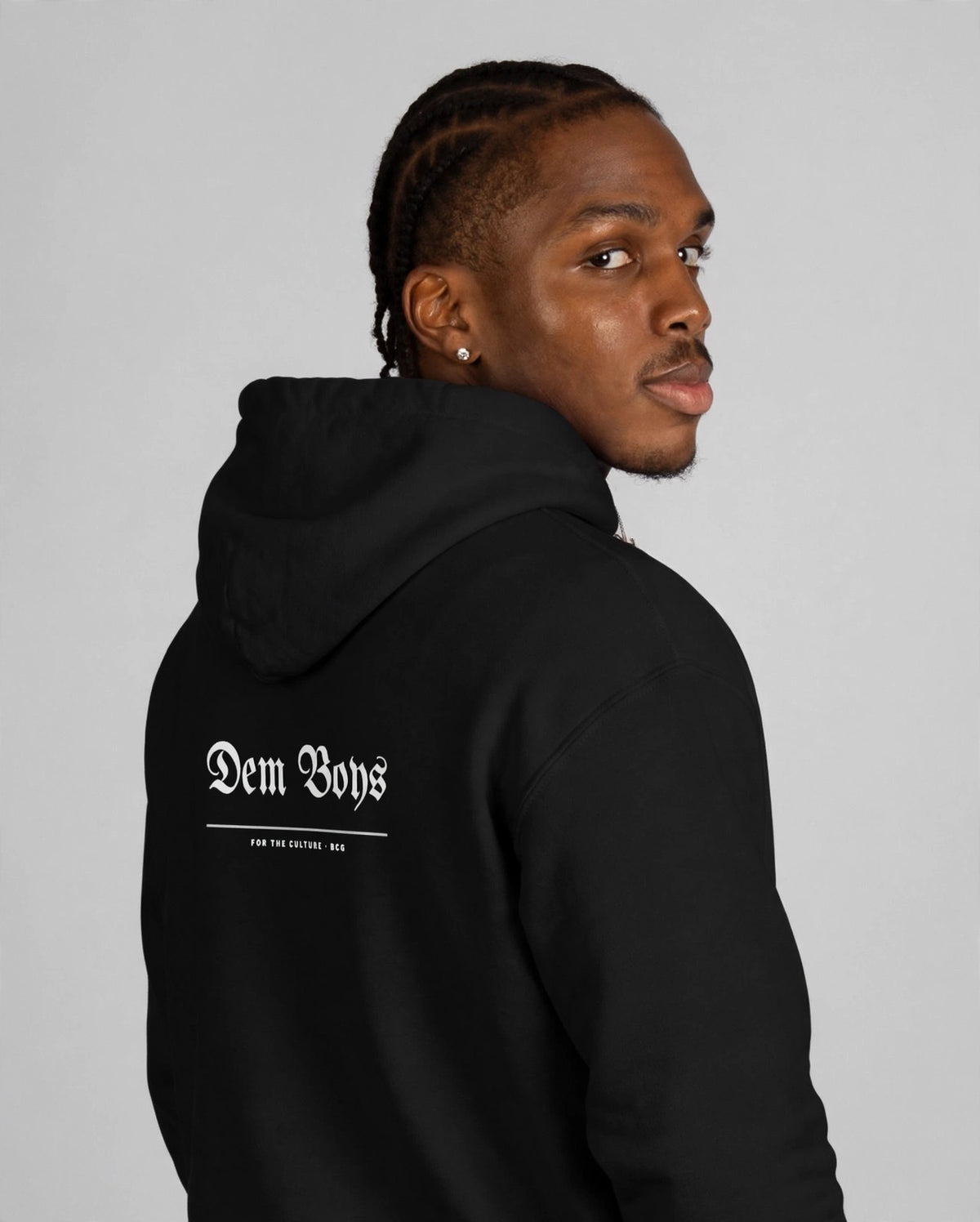 Patrick wearing the DEM BOYS Hoodie – Blackletter (Black), back view