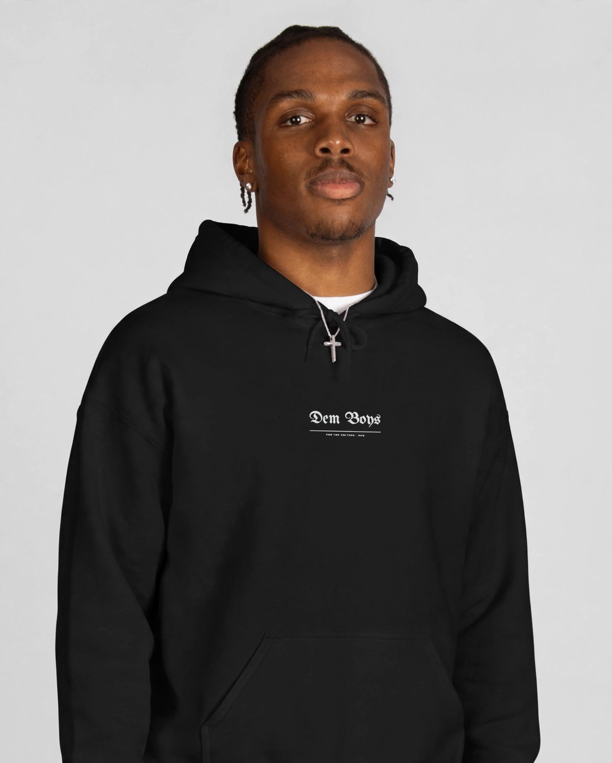 Patrick wearing the DEM BOYS Hoodie – Blackletter (Black), front view