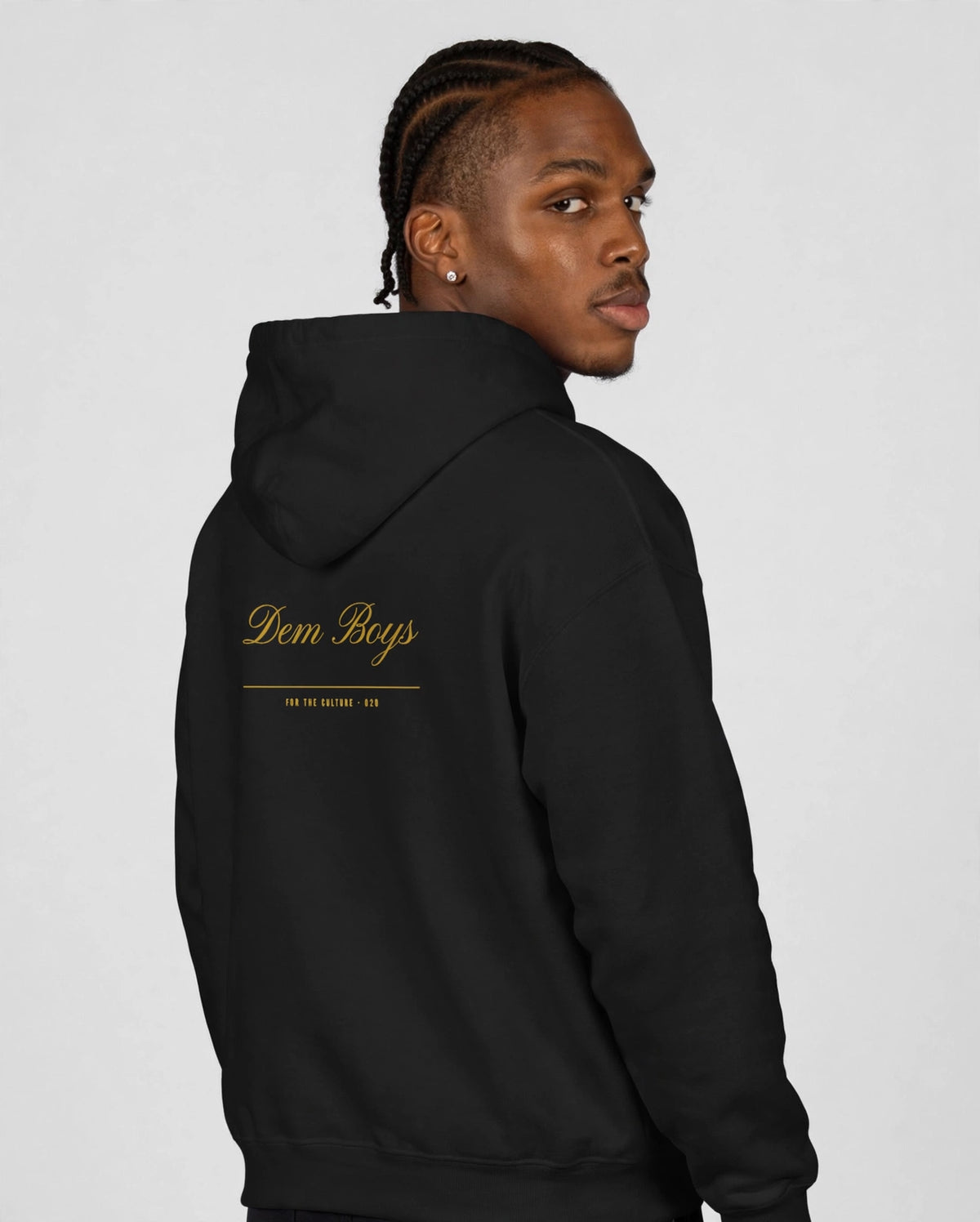 Patrick wearing the DEM BOYS Hoodie – Pinyon (Black), back view