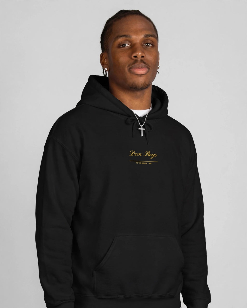 Patrick wearing the DEM BOYS Hoodie – Pinyon (Black), front view