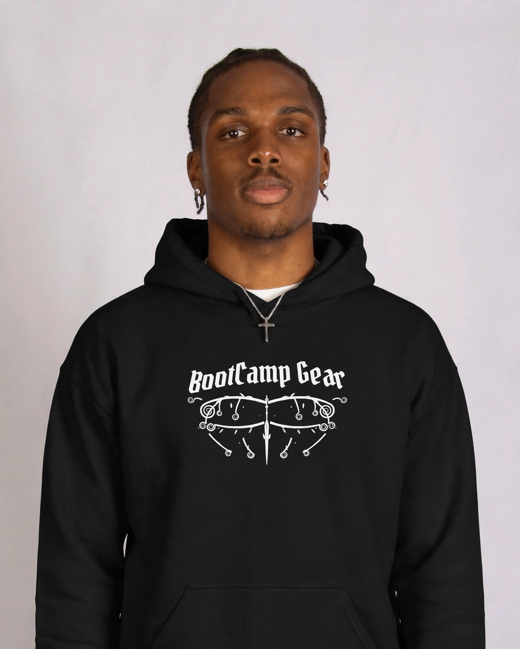Patrick wearing the BootCamp Gear Gothic Crest Hoodie - Black (White Crest)