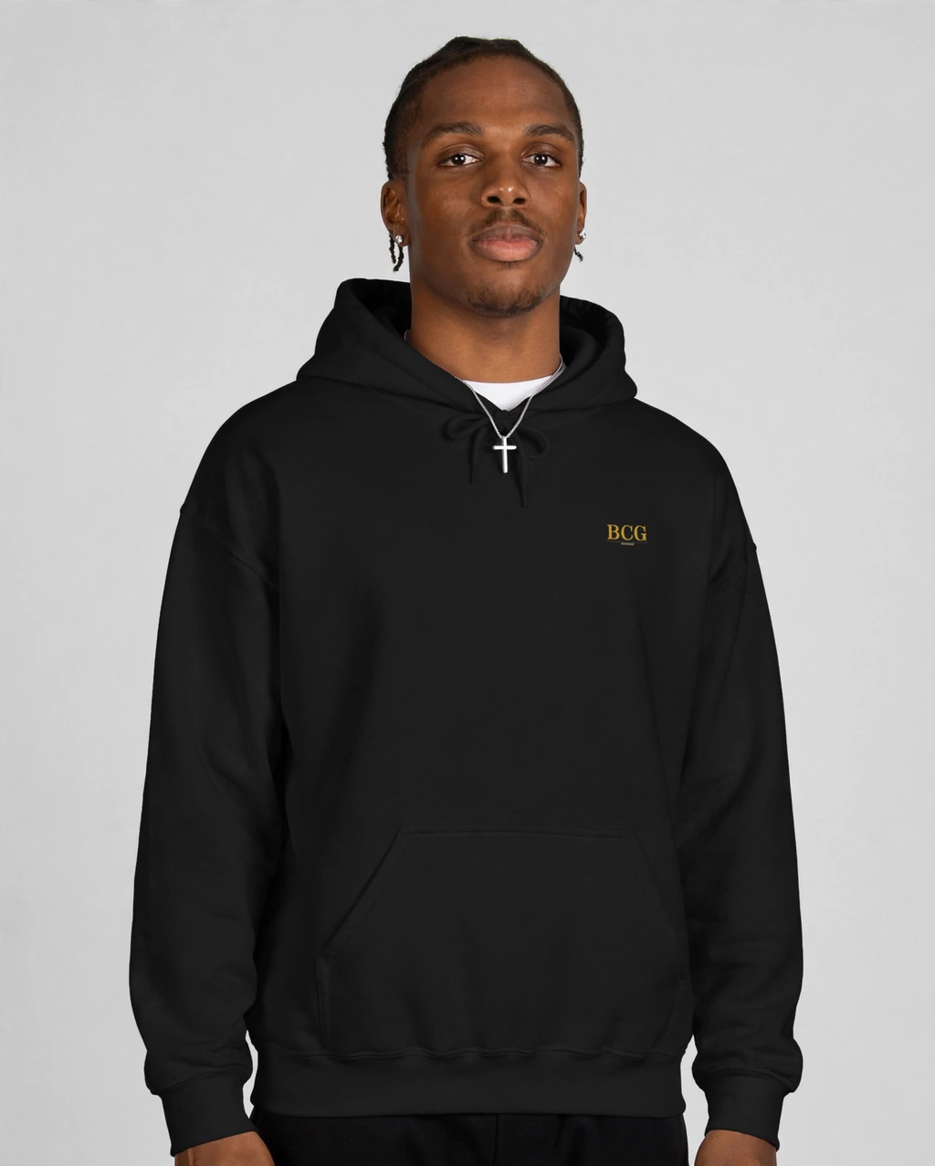 Patrick wearing the Keep Your Mind Right Hoodie – Didot (Black), front view