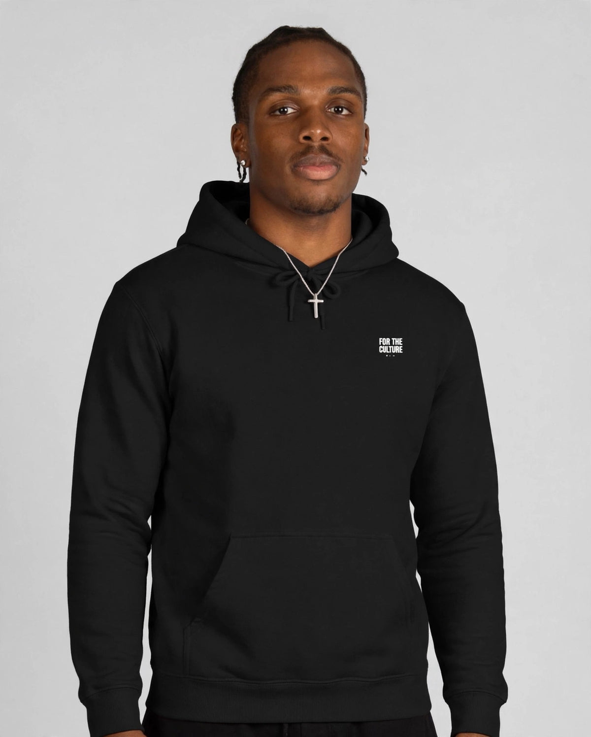 Patrick wearing the Grateful Hoodie – Roboto Slab (Black), front view