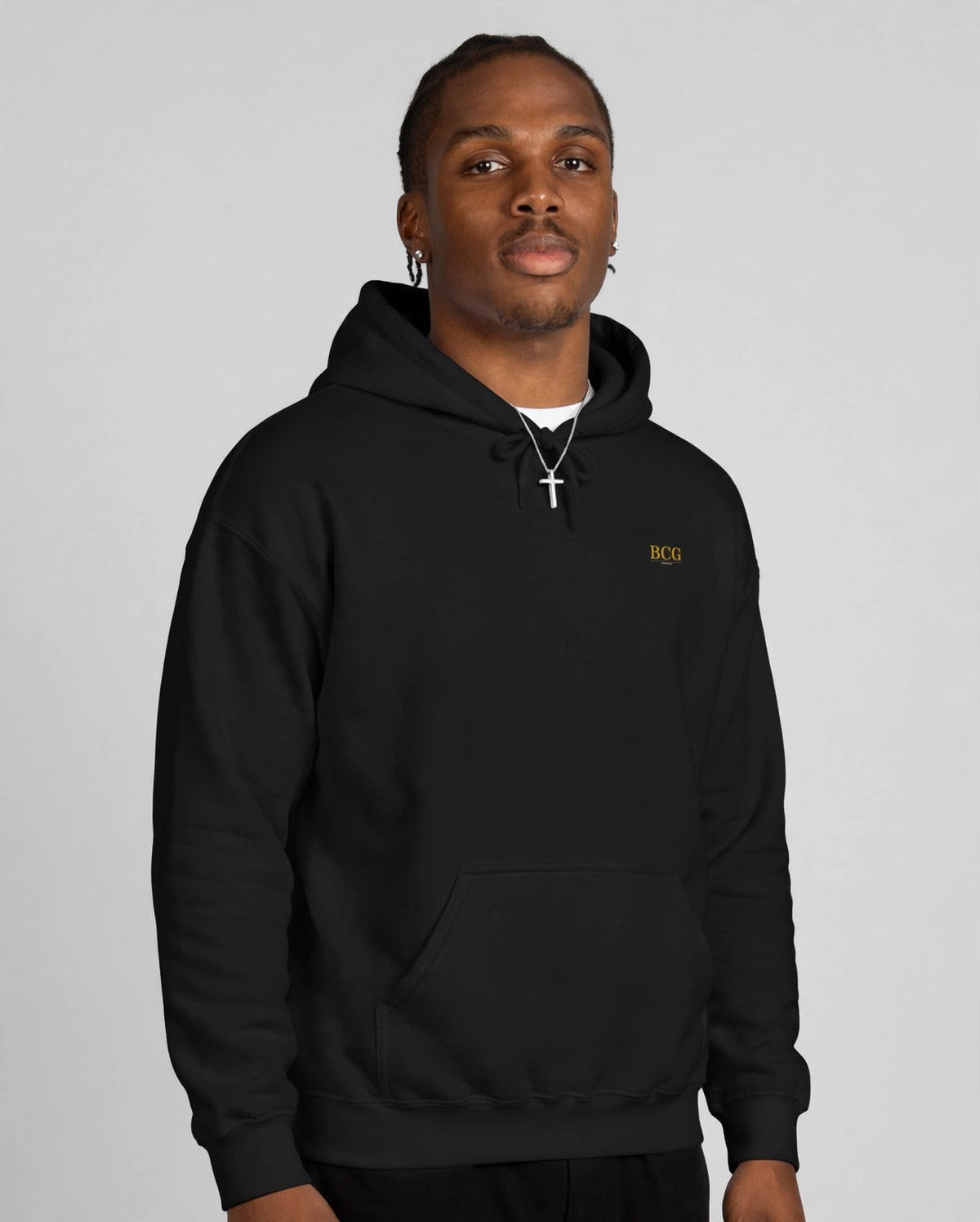 Patrick wearing the Built Not Bought Hoodie – Playfair (Black), front view
