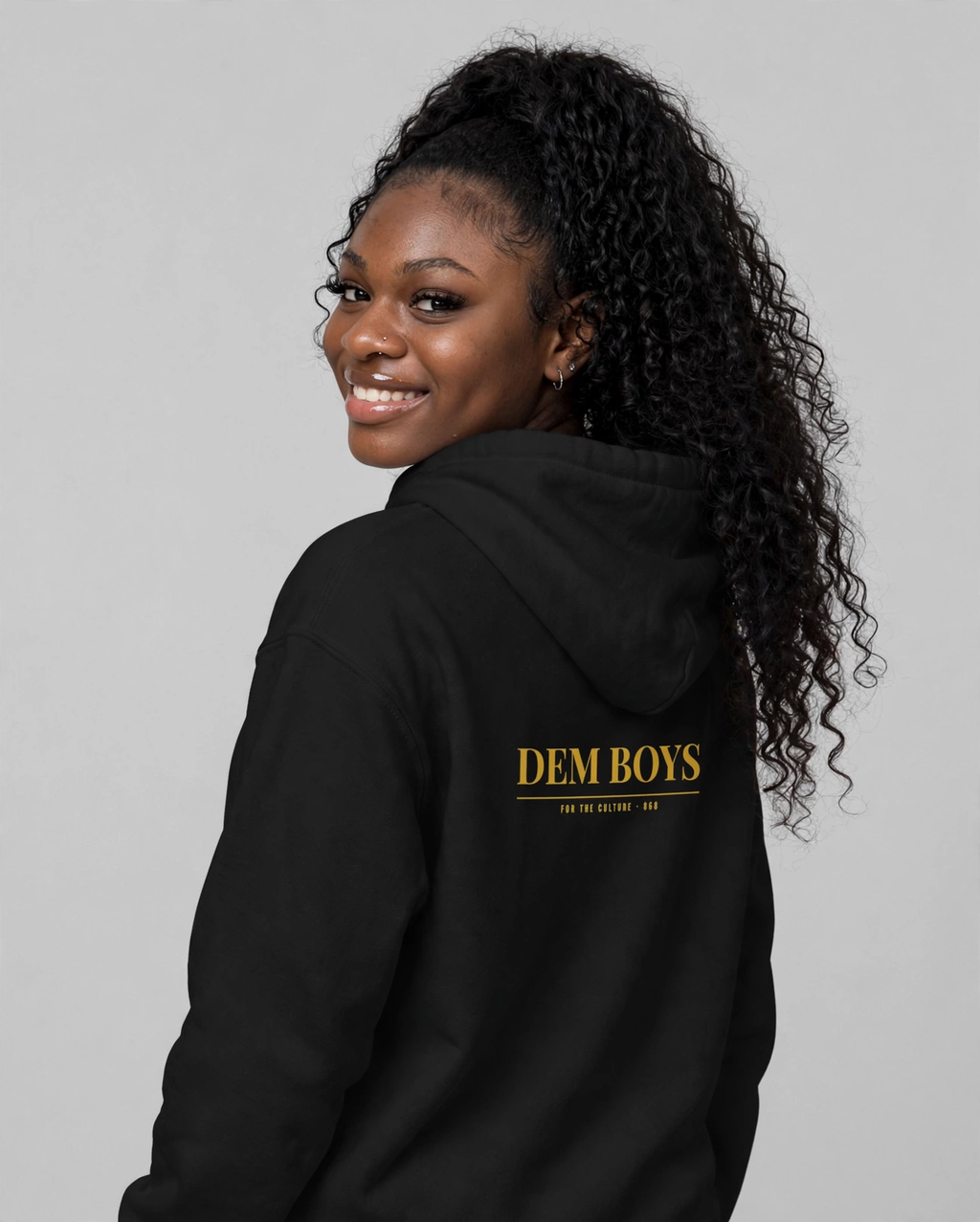 PA wearing the DEM BOYS Hoodie – Playfair (Black), back view